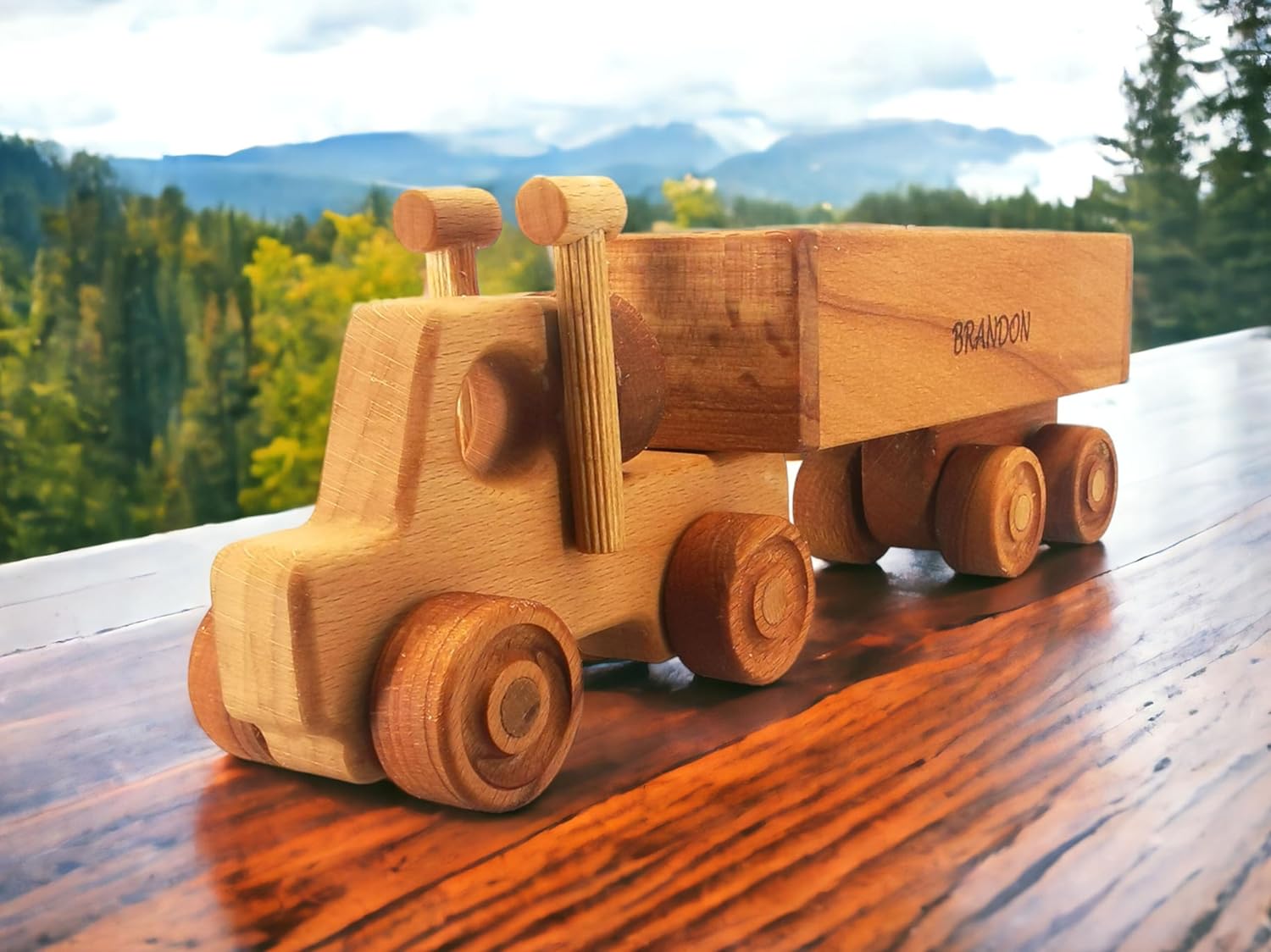 Personalized Wooden Toy Semi Truck With Trailer for Toddlers