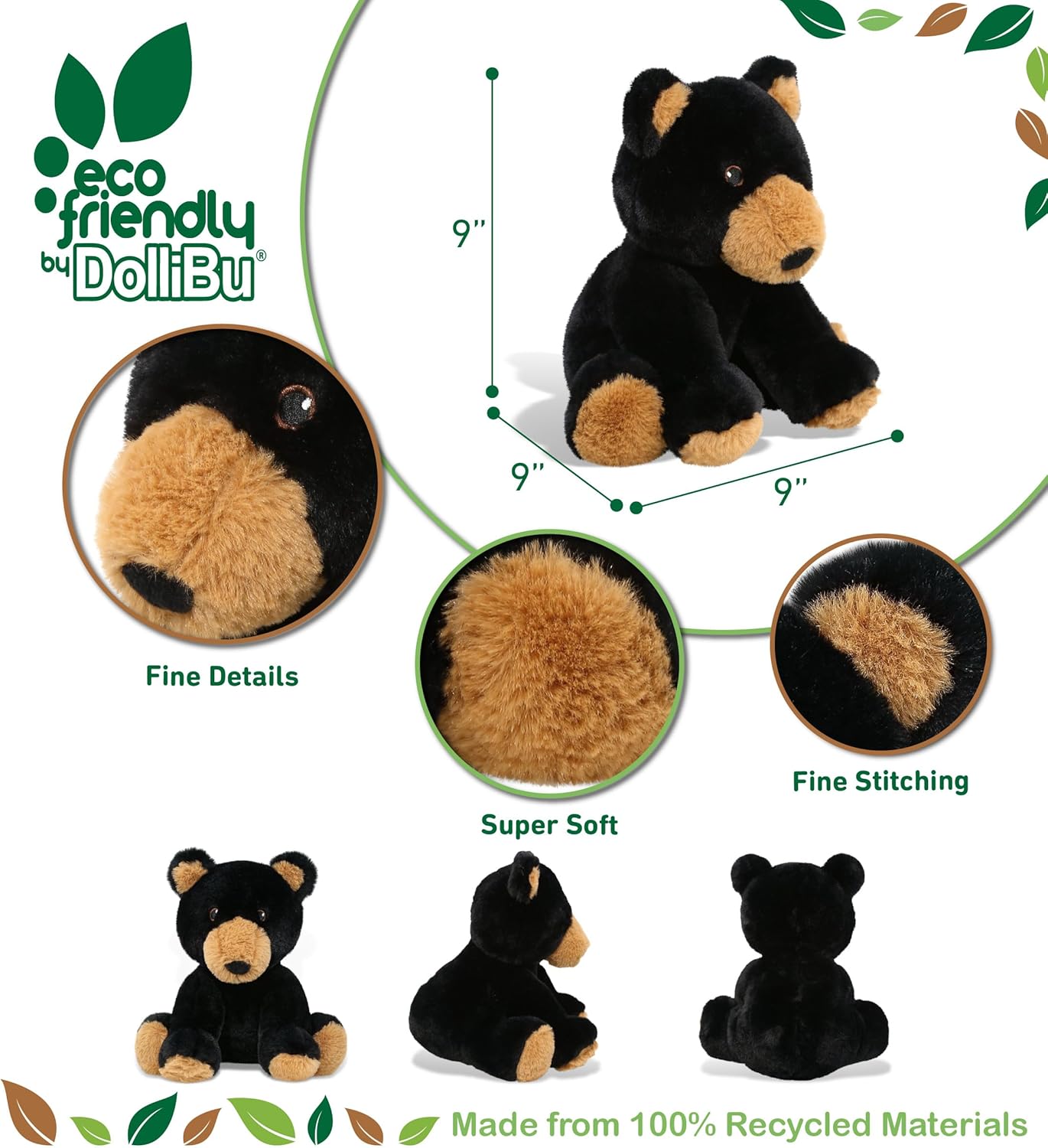 DolliBu Black Bear Plush Toy 9 Inches Soft and Realistic 1