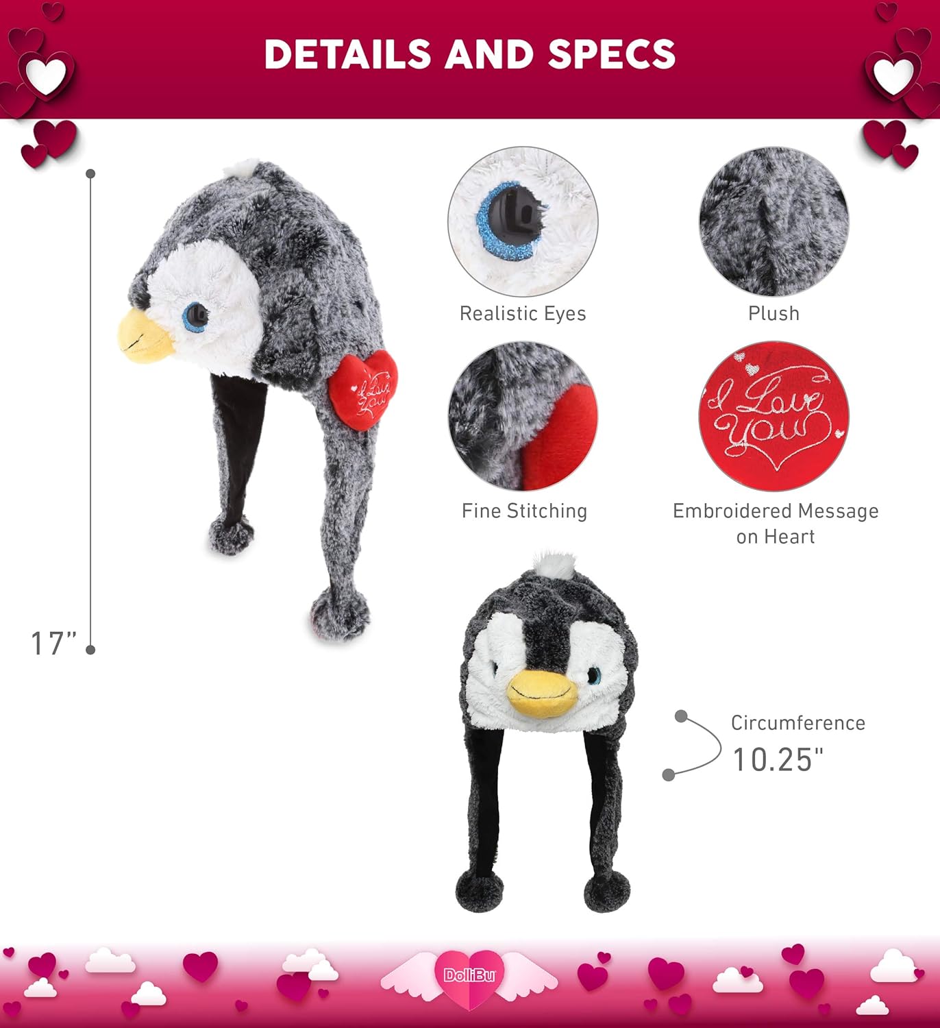 DolliBu I Love You Penguin Plush Hat with Name Personalization