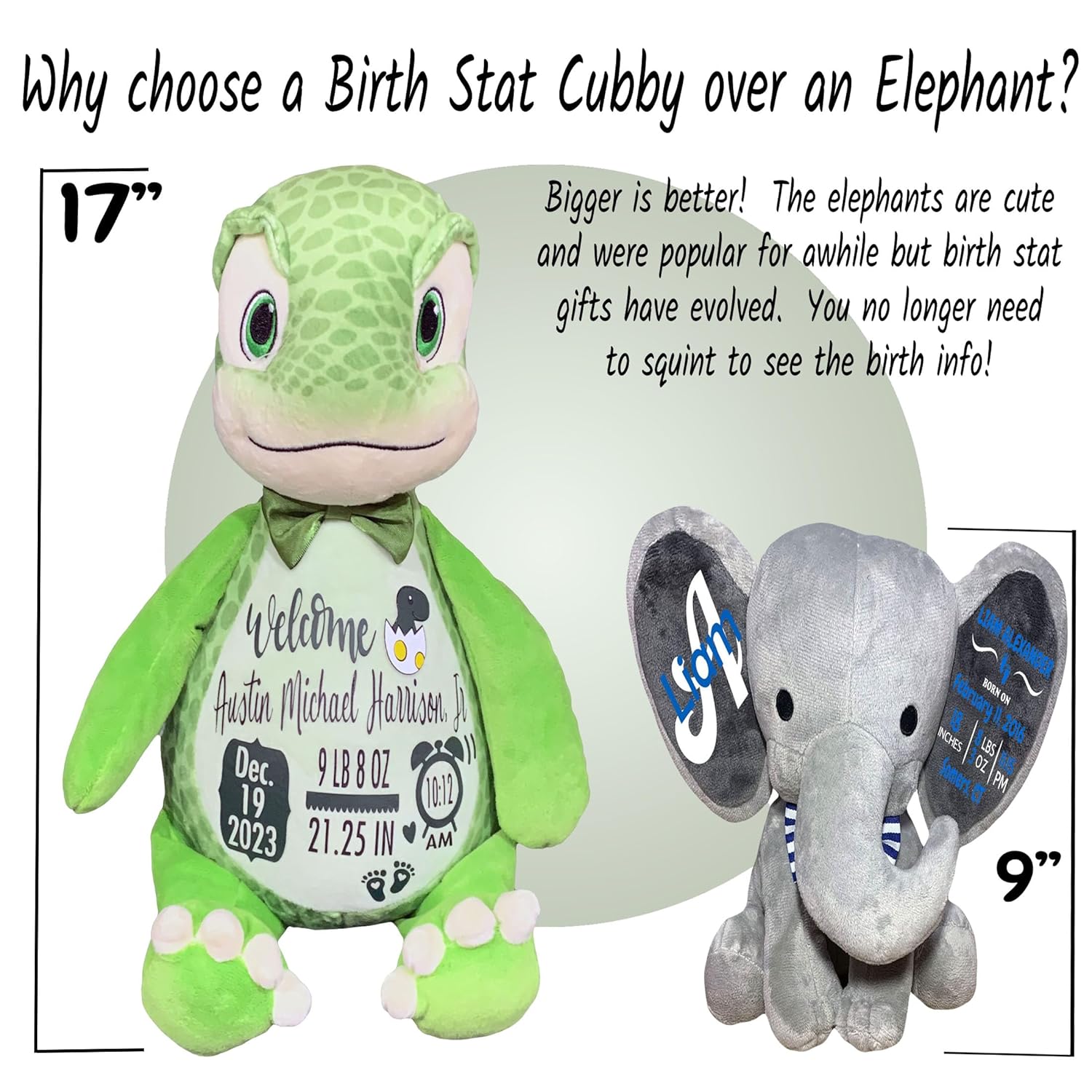 Baby Birth Stats Plush Green Dinosaur