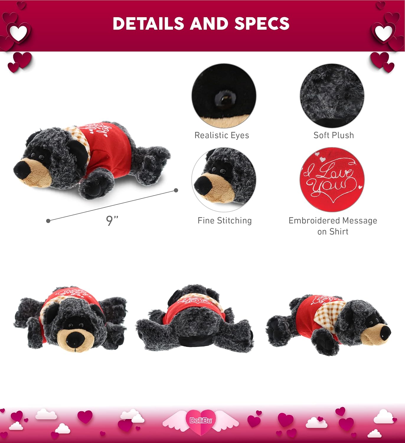 DolliBu Personalized Lying Black Bear Plush - I Love You 9 Inches