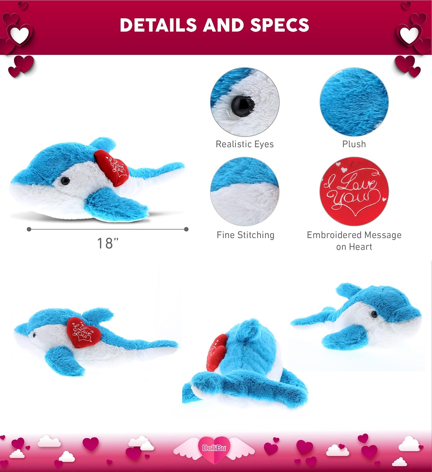 DolliBu I Love You Blue Dolphin Plush - 18 Inches