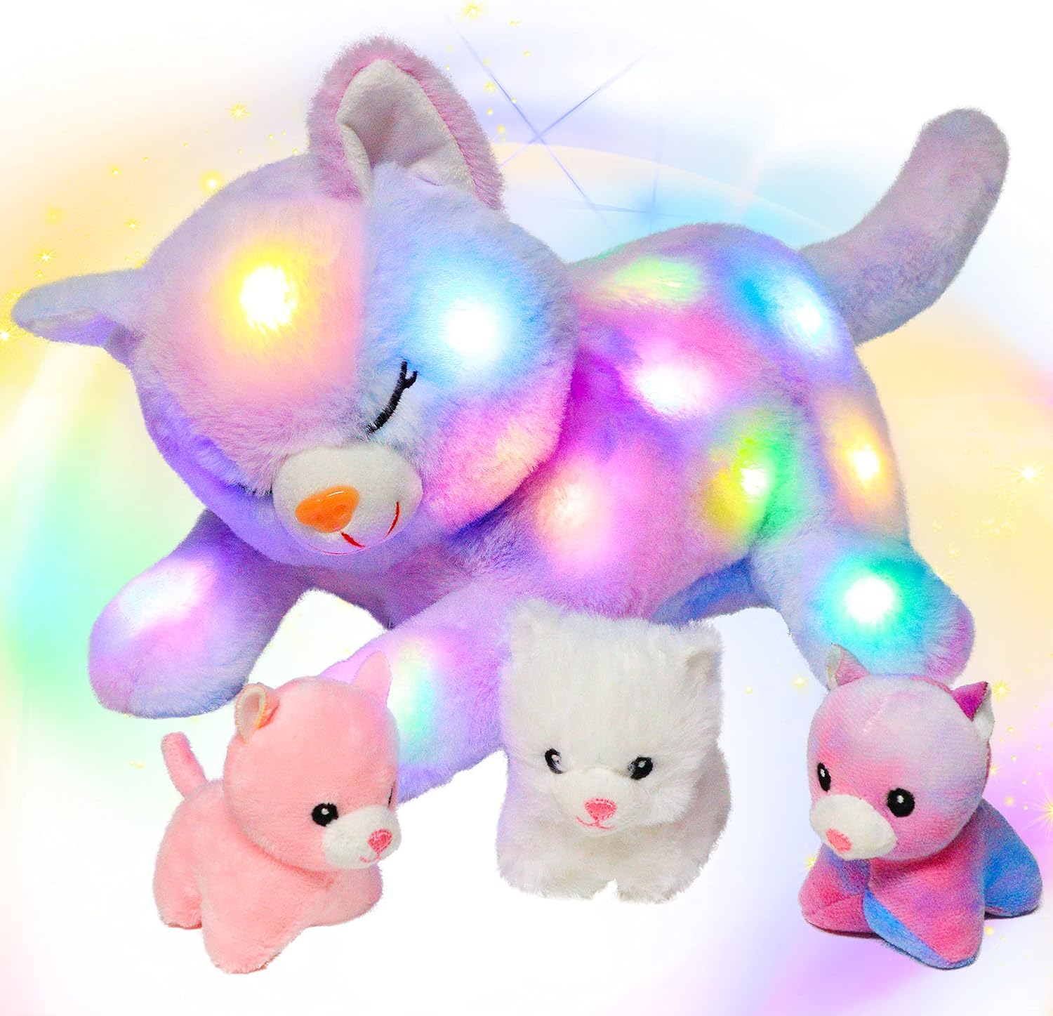 Hopearl LED Plush Cat Glow in the Dark with 3 Baby Kittens 18