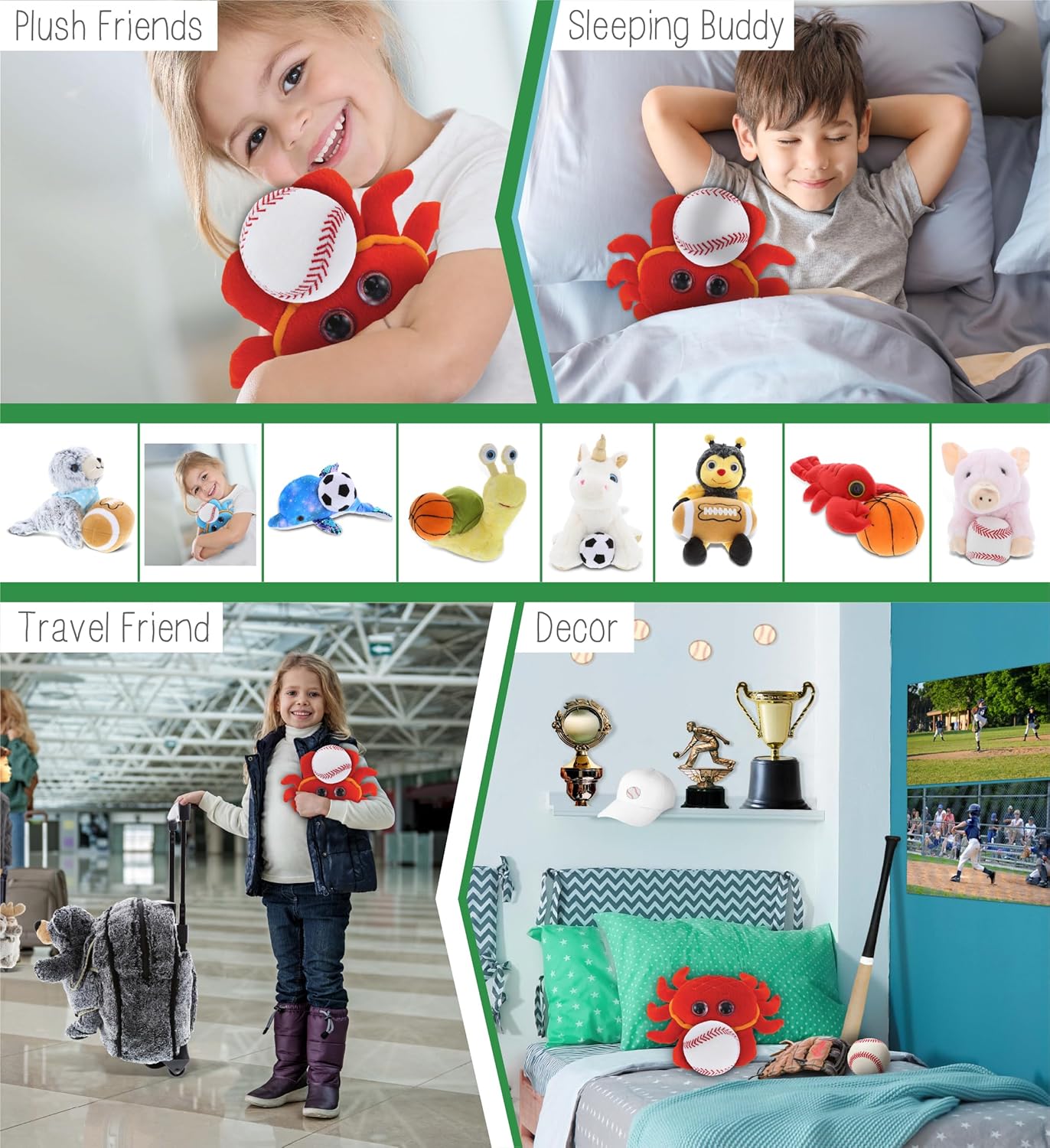 DolliBu Big-Eye Red Crab Plush with Baseball - 6 Inch
