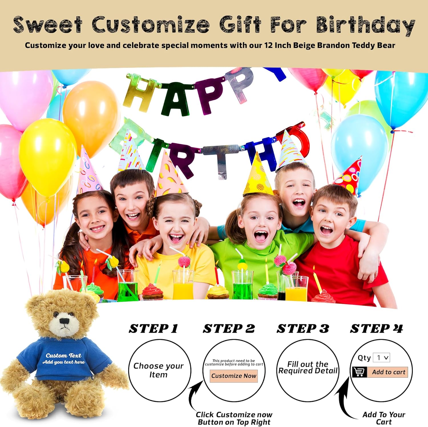 Customized Beige Brandon Bear - 12 Inch Personalized Plush Toy
