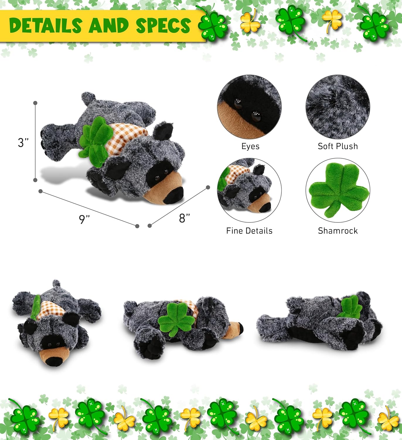 DolliBu Lying Black Bear Plush with Green Shamrock