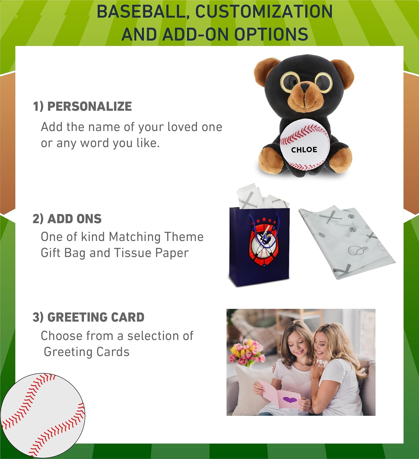 DolliBu Sparkling Eyes Black Bear Plush Toy with Baseball - 8 Inch
