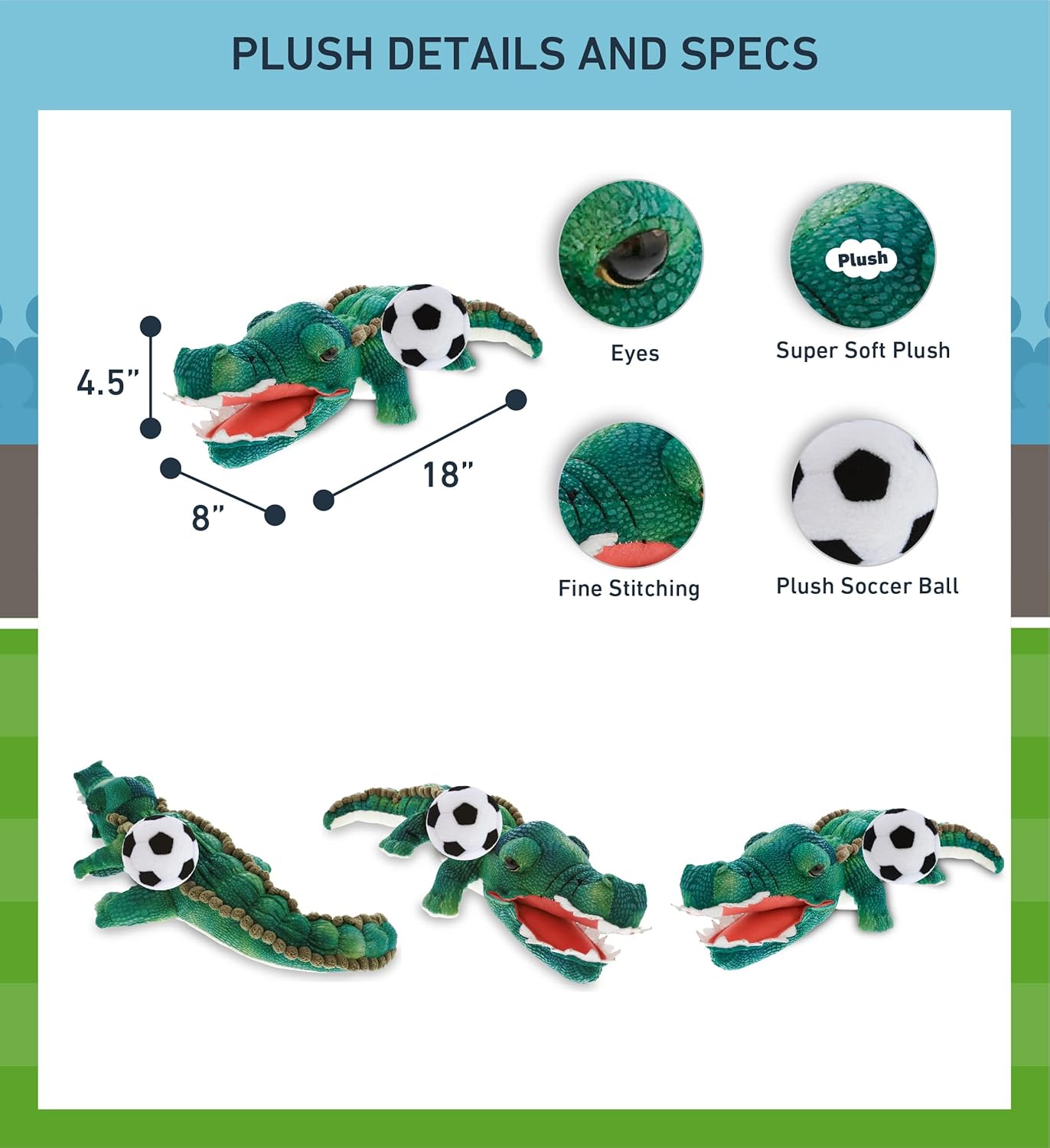 DolliBu Green Alligator Plush with Soccer Ball - 18 Inches
