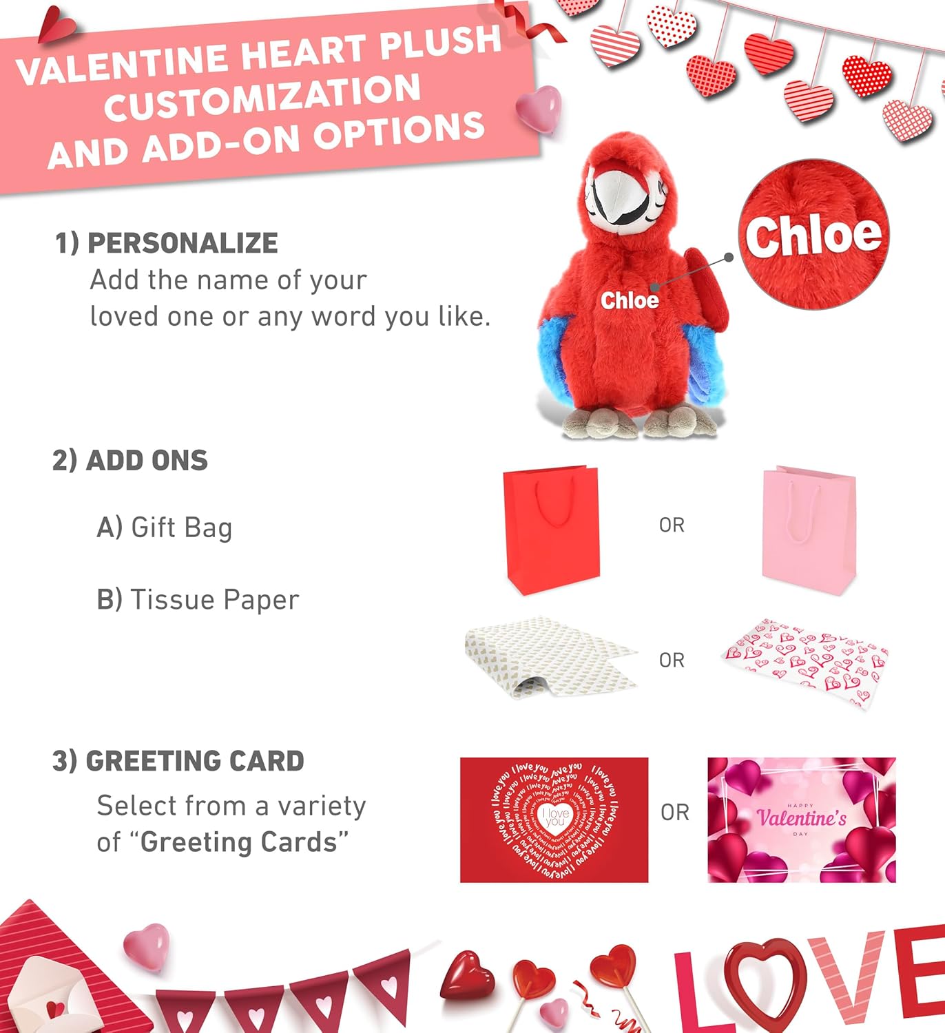 DolliBu I Love You Valentine Red Parrot Plush Toy