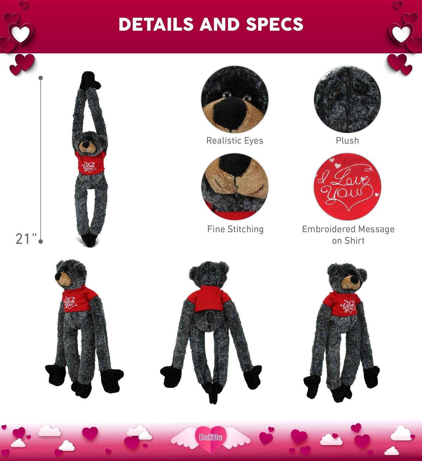 DolliBu I Love You Valentine Black Bear Plush Toy