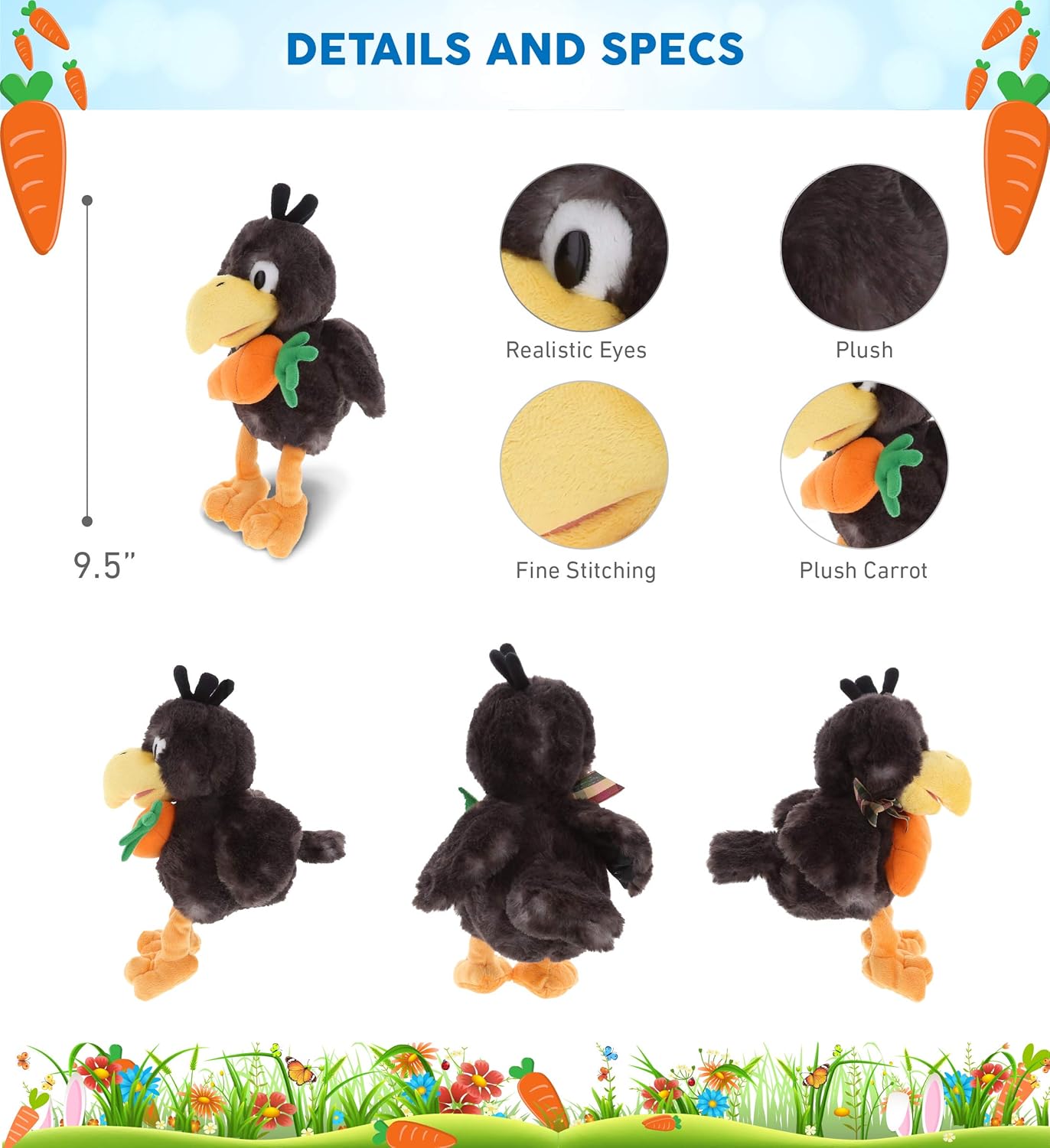 DolliBu Easter Crow Plush with Carrot - 95 Inch Cute Stuffed Toy