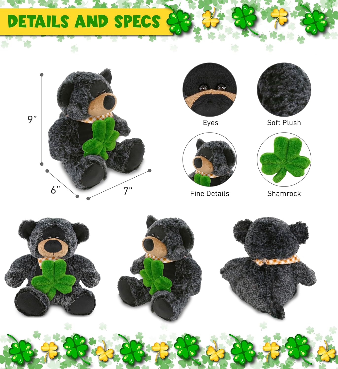 DolliBu Super Soft Black Bear Stuffed Animal with Green Shamrock