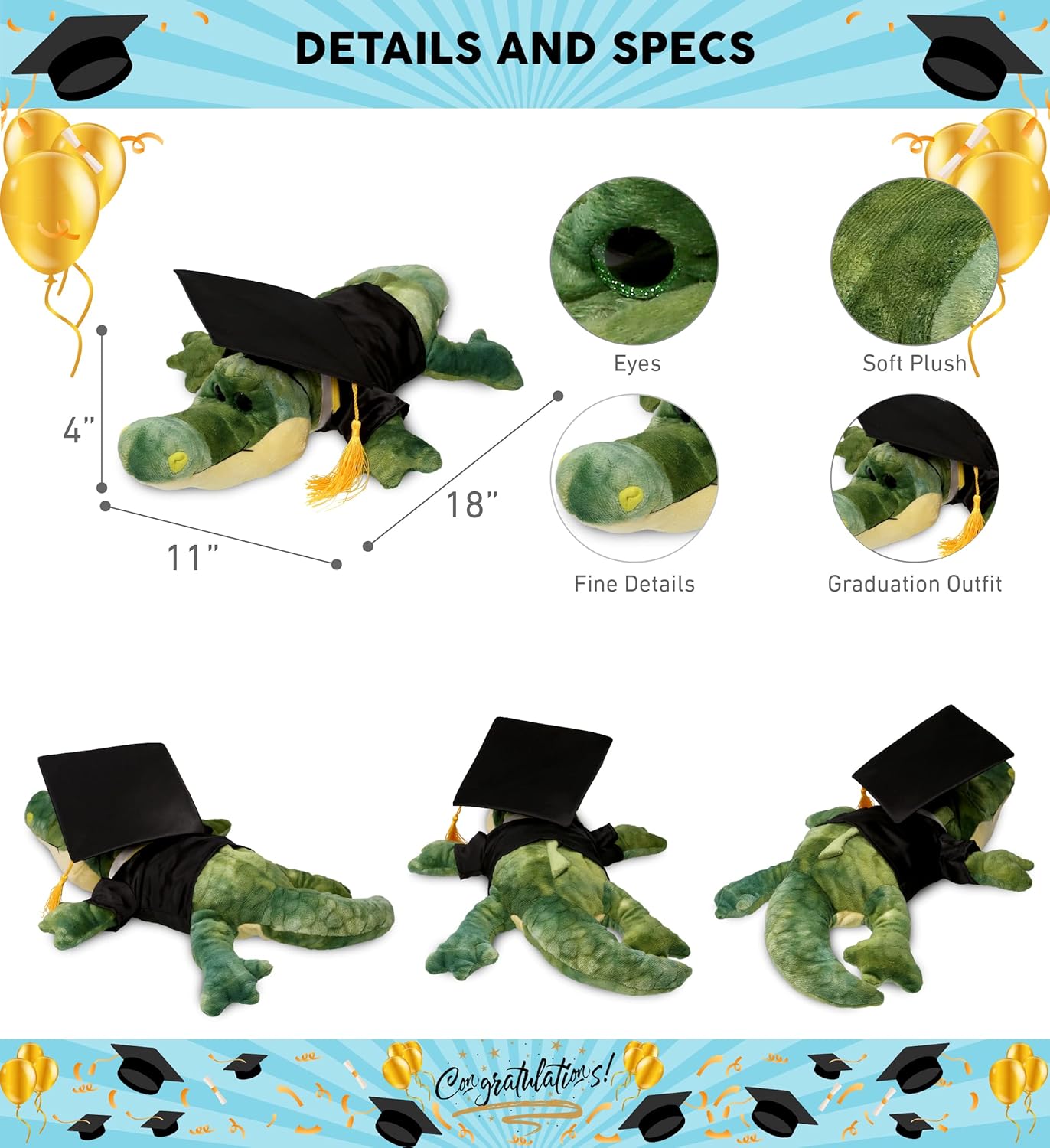DolliBu Alligator Graduation Plush Toy - 18 Inches