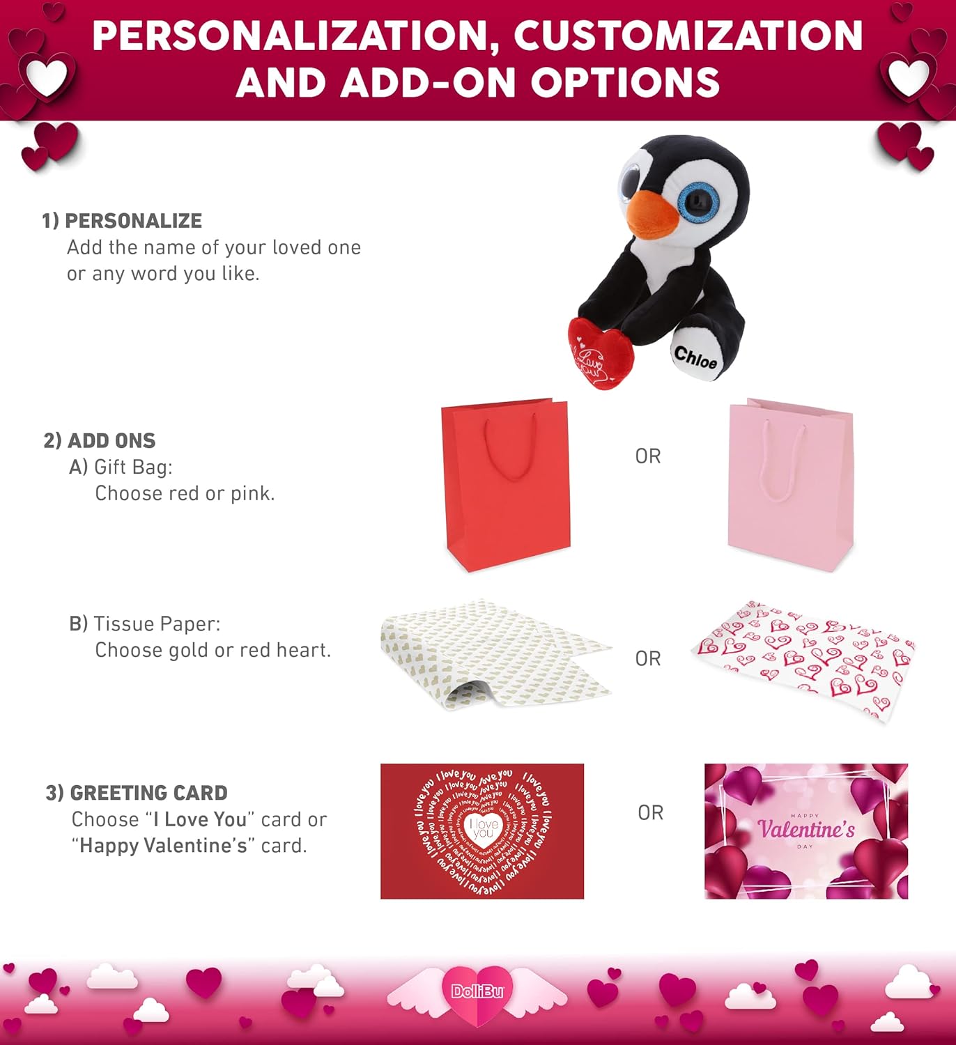 DolliBu I Love You Valentine Penguin Plush 8 Inch