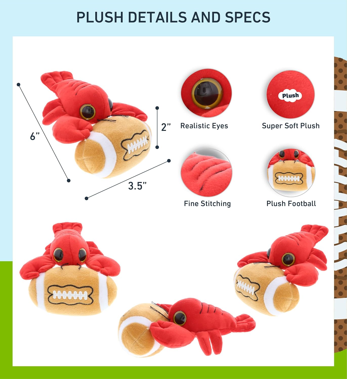 DolliBu Big Eye Lobster Plush with Football - 6 Inches 1