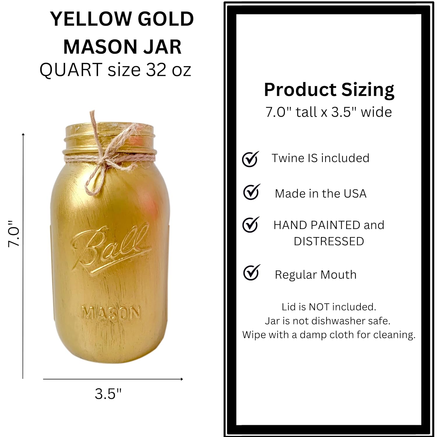Gold Mason Jar - Hand Painted Quart 32 oz Jar for Centerpiece