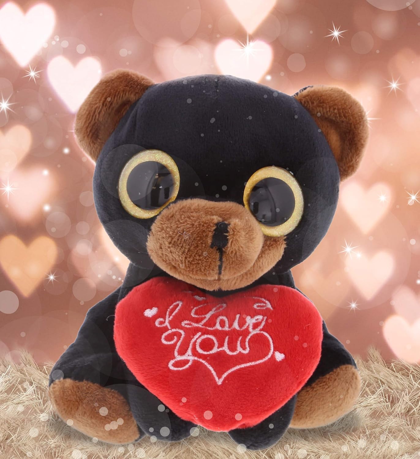 DolliBu Sparkling Big Eye Black Bear Plush with Red Heart and Personalization