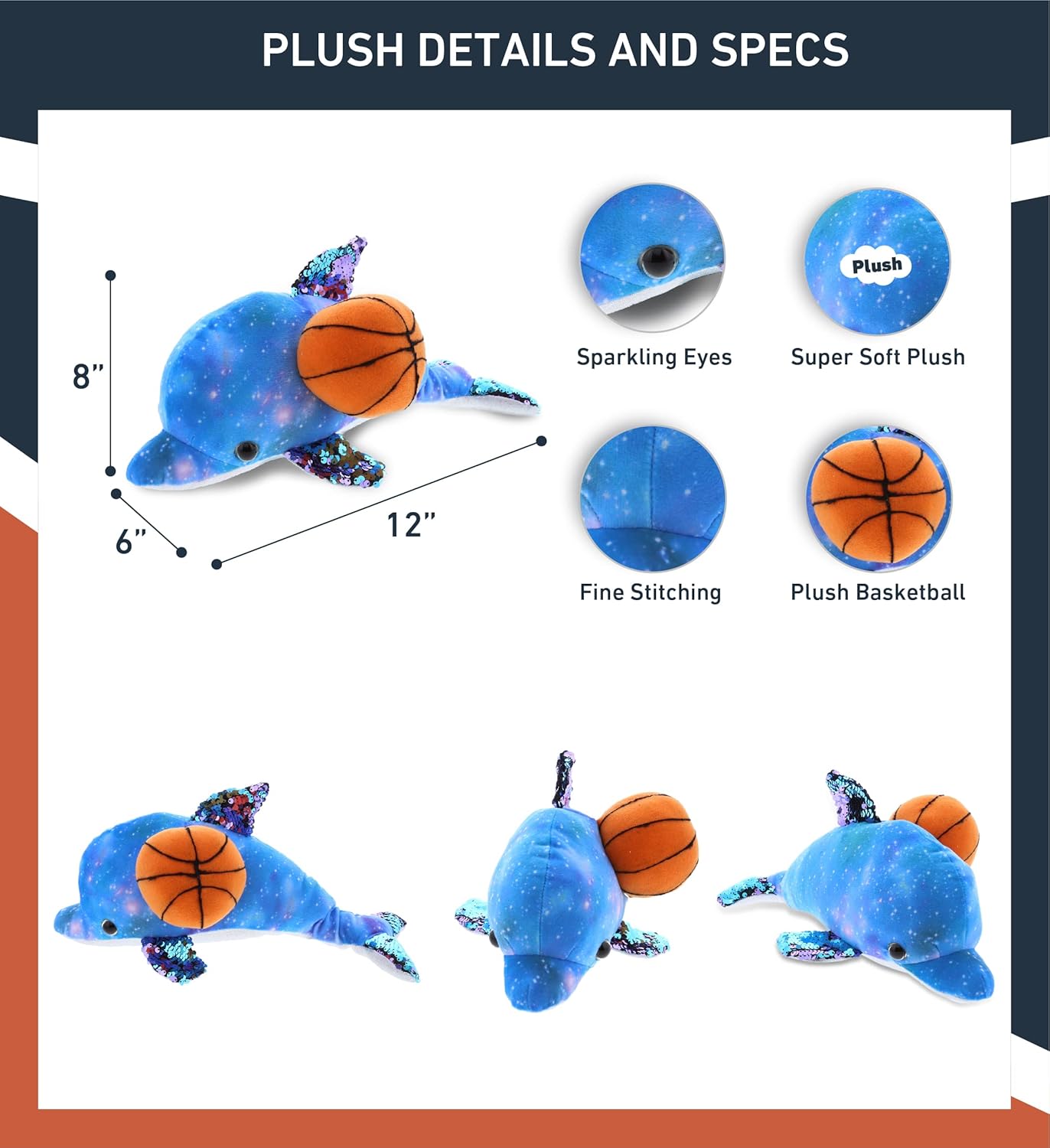 DolliBu Space Sequin Dolphin Plush with Basketball - 12 Inch