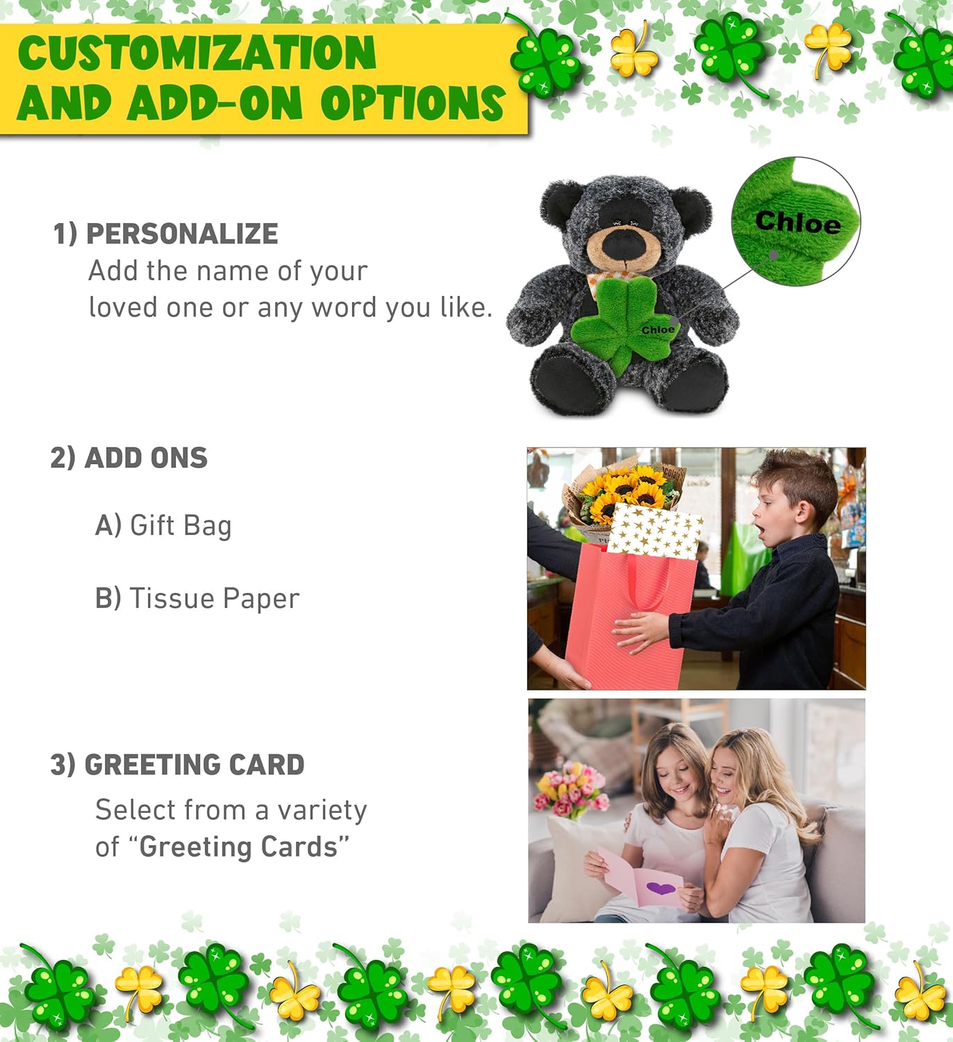 DolliBu Super Soft Black Bear Stuffed Animal with Green Shamrock