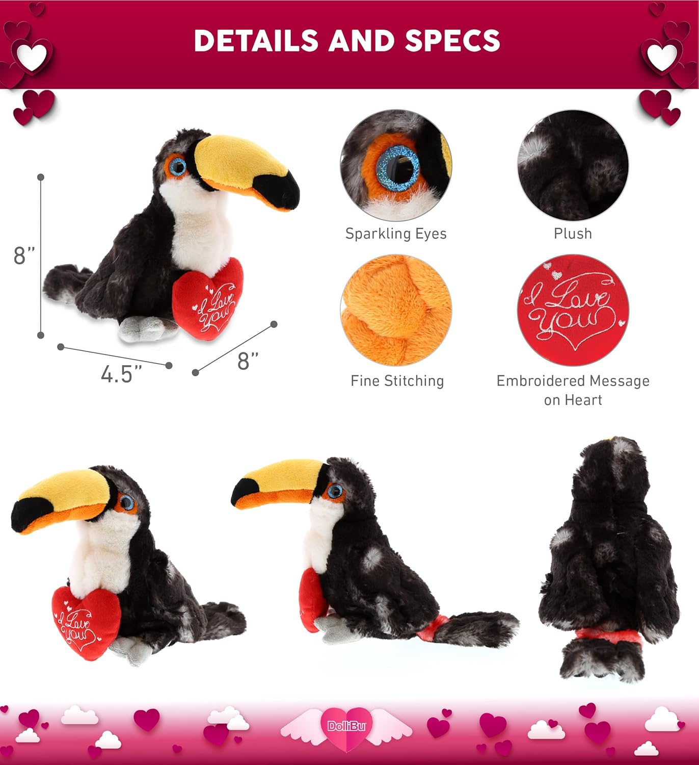DolliBu I Love You Valentine Plush Toucan 8 Inches