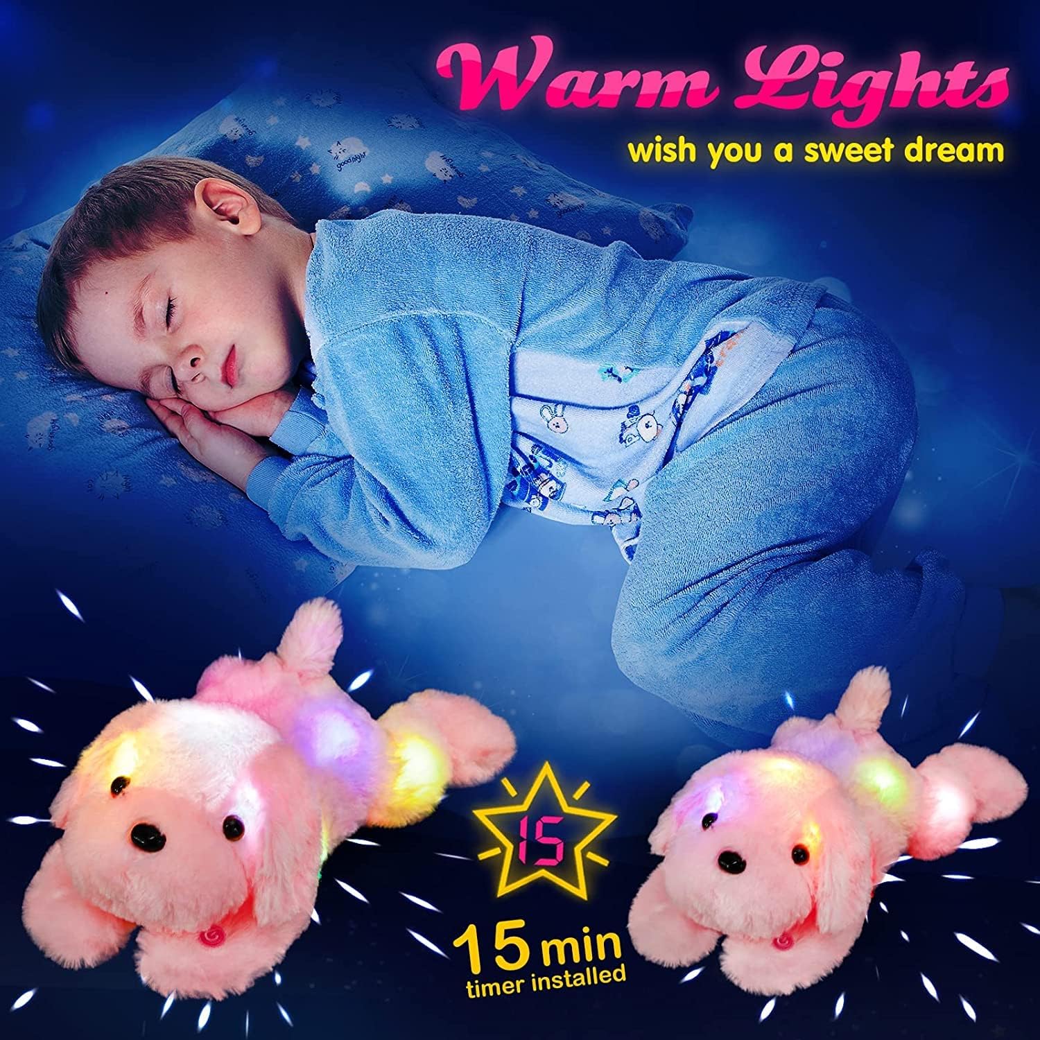 WEWILL 18 Inch Glow Light Pink Puppy Plush Toy with Night Light
