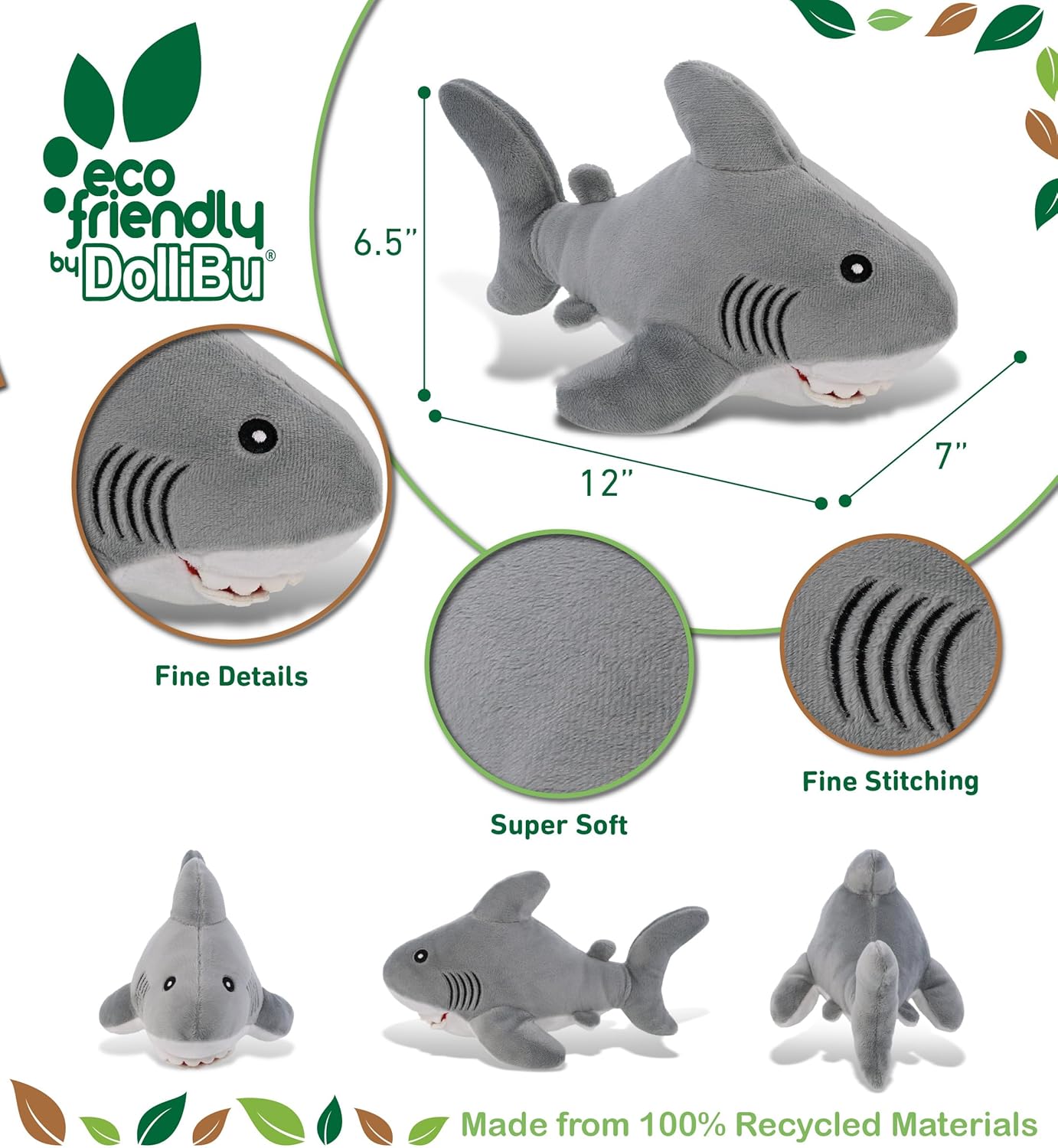 DolliBu Eco-Friendly Soft Shark Plush Toy 12 Inches