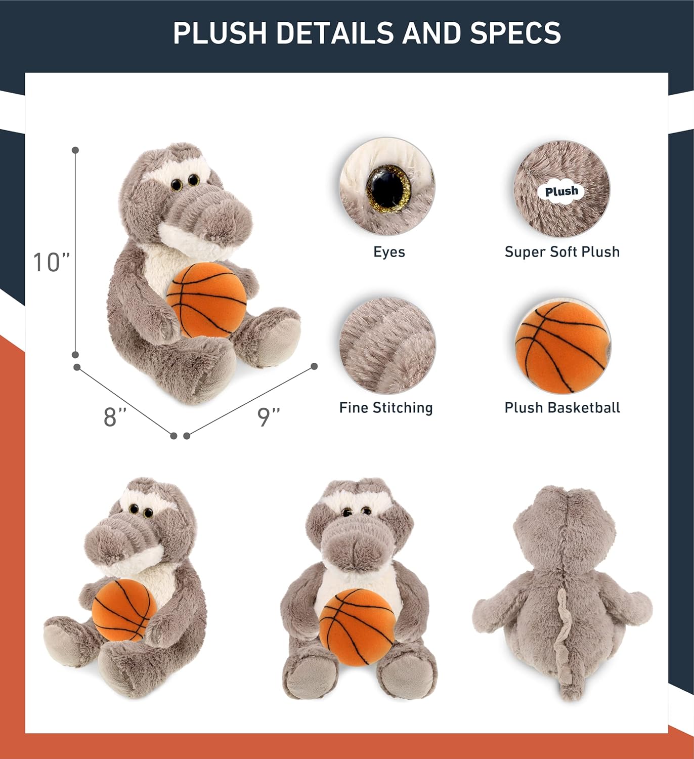 DolliBu Sitting Grey Alligator Plush with Basketball - 9 Inches