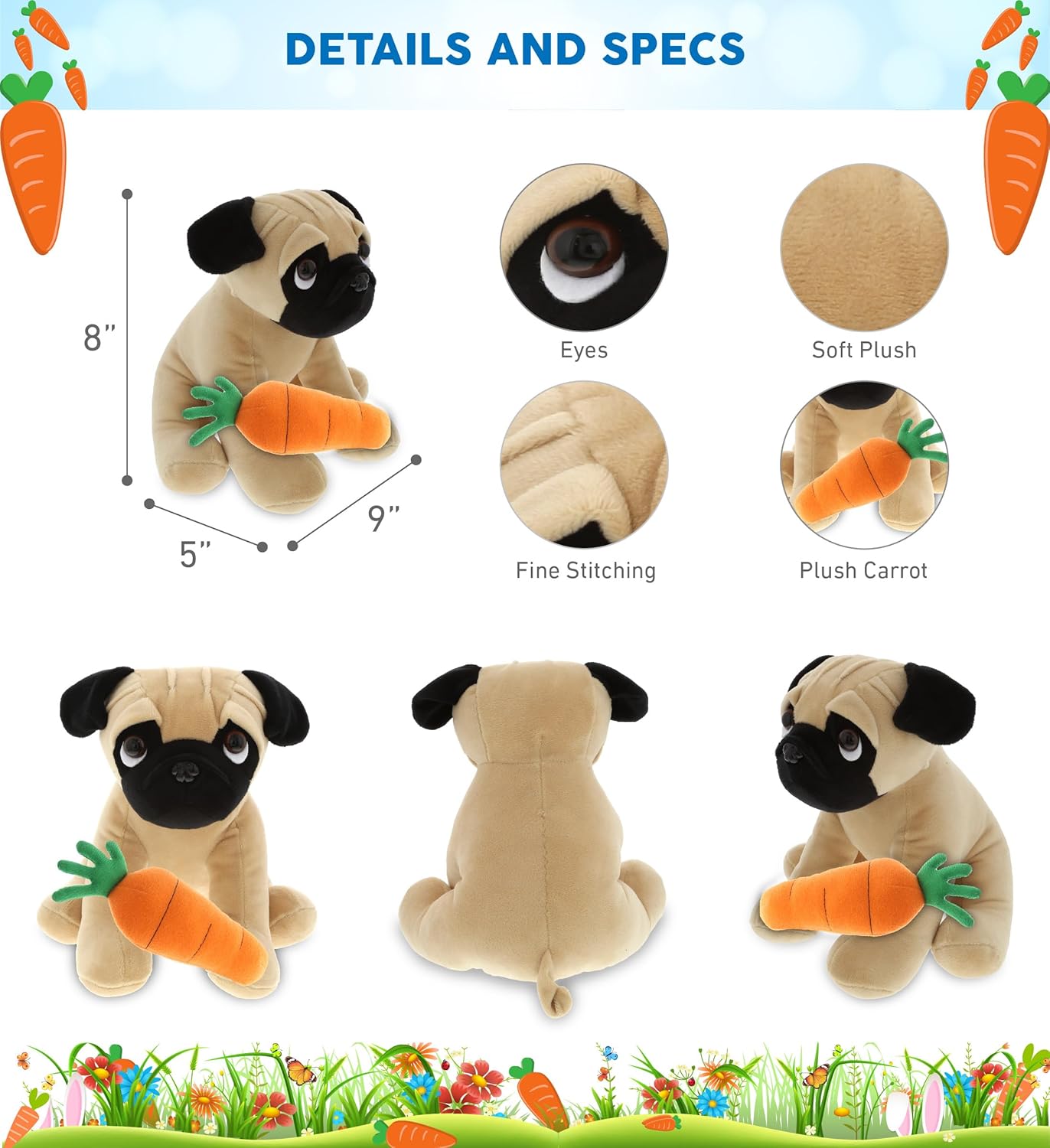 DolliBu Happy Easter Pug Plush with Carrot - 8 Inches