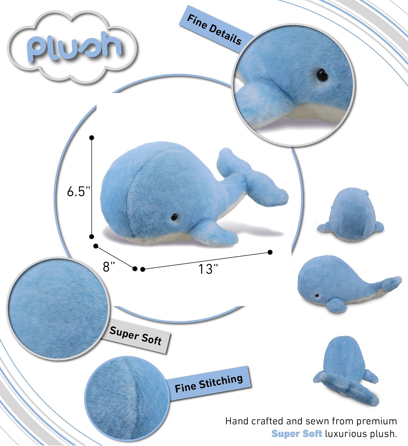 DolliBu Soft Blue Whale Plush Toy - 13 Inches Huggable Stuffed Animal