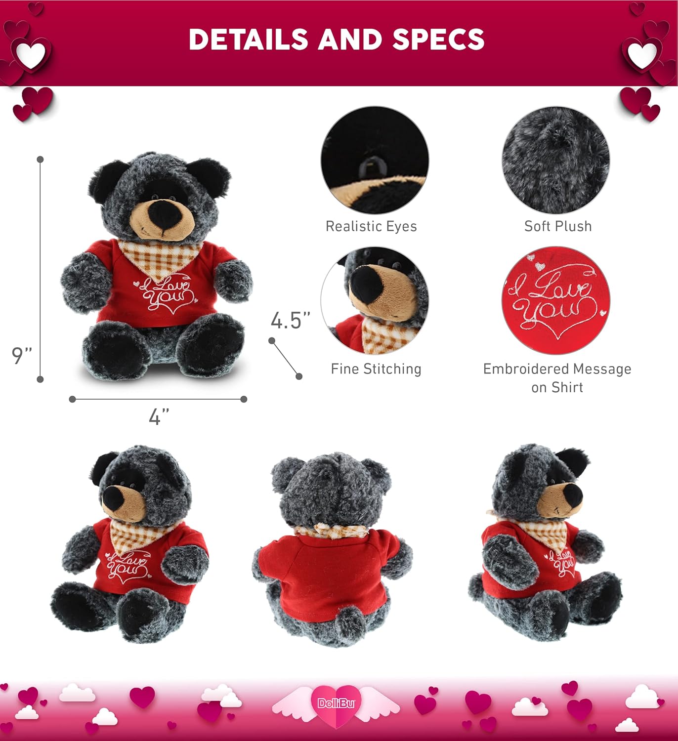 DolliBu I Love You Valentine Black Bear Plush - 8 Inches