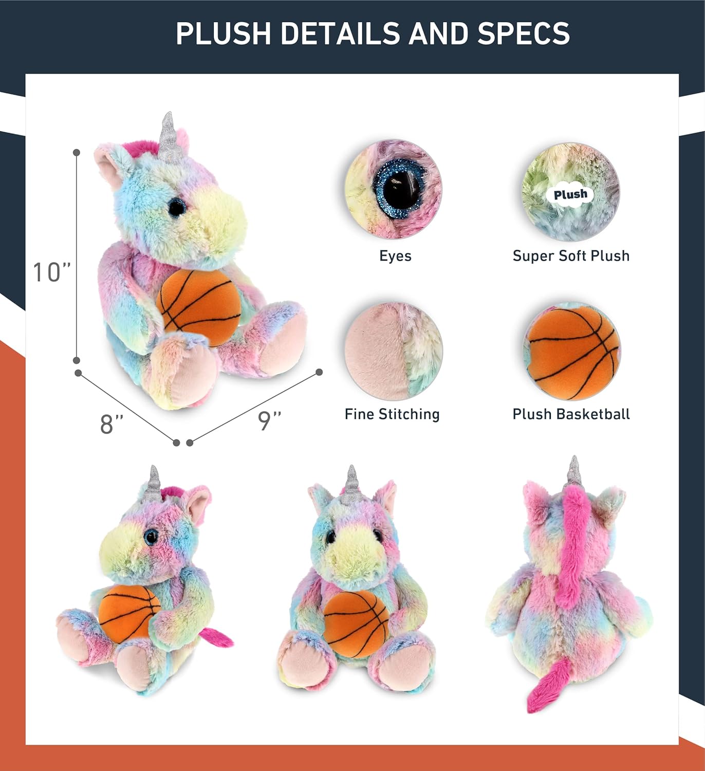 DolliBu Rainbow Unicorn Basketball Plush - 10 Inches Huggable