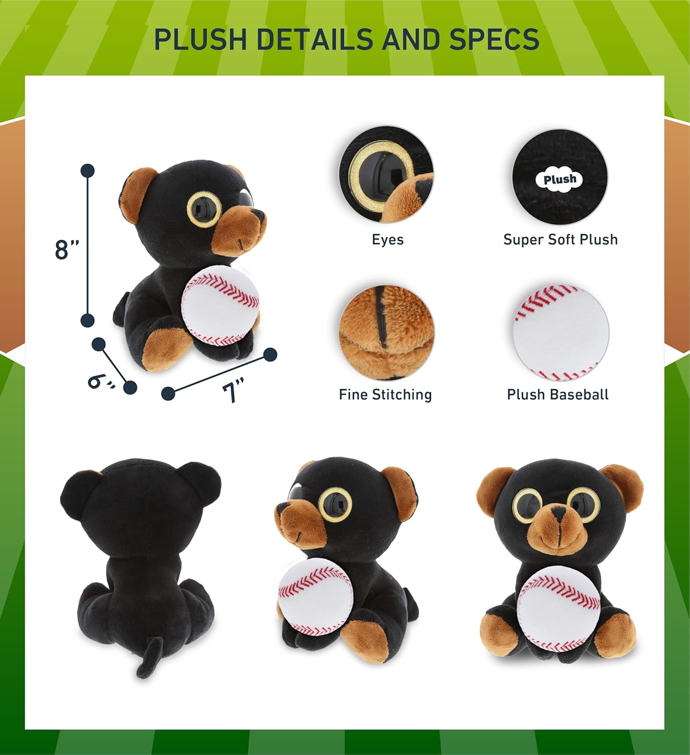 DolliBu Sparkling Eyes Black Bear Plush Toy with Baseball - 8 Inch