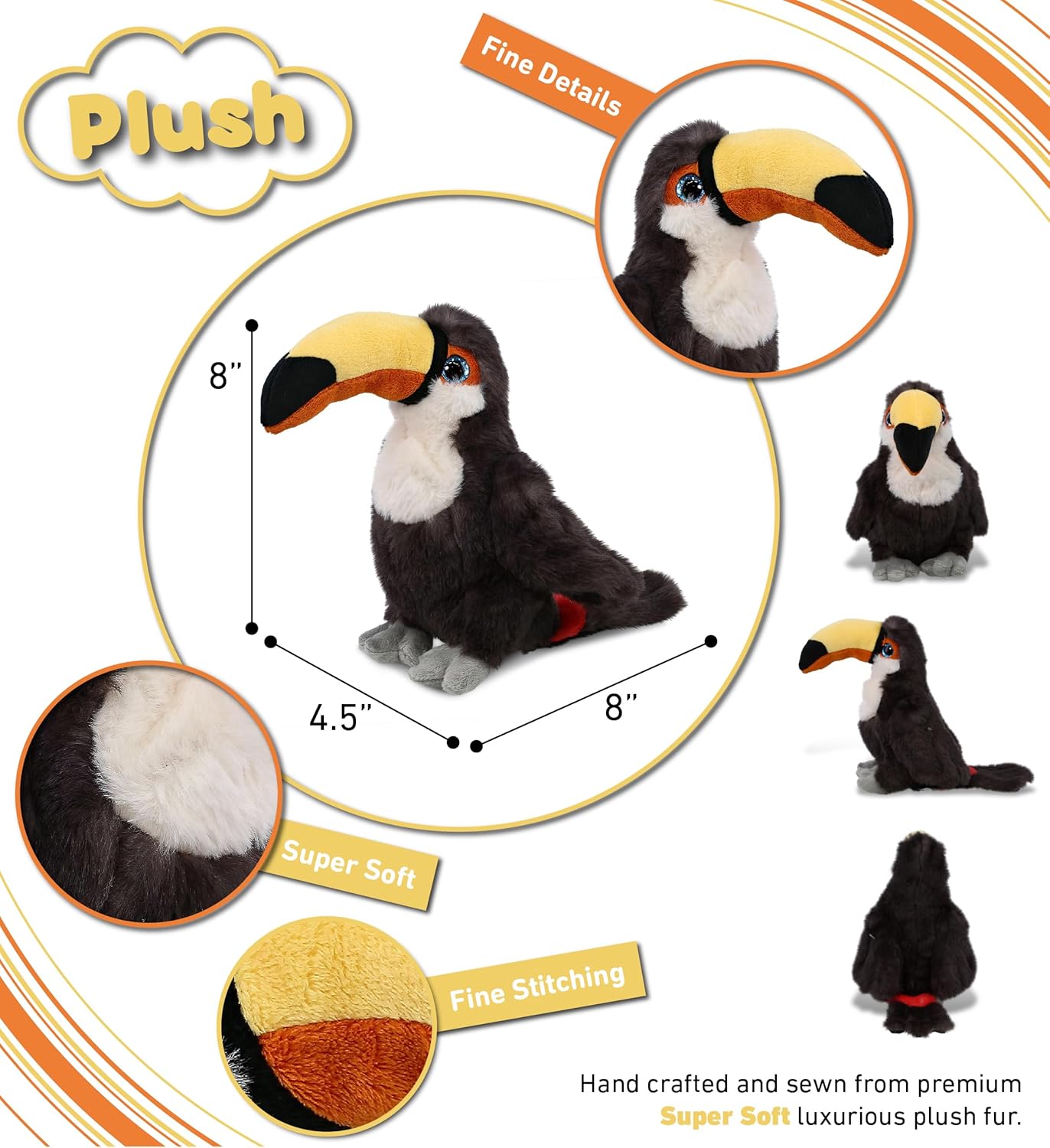 DolliBu Toucan Plush - Super Soft 8 Inch Bird Stuffed Animal