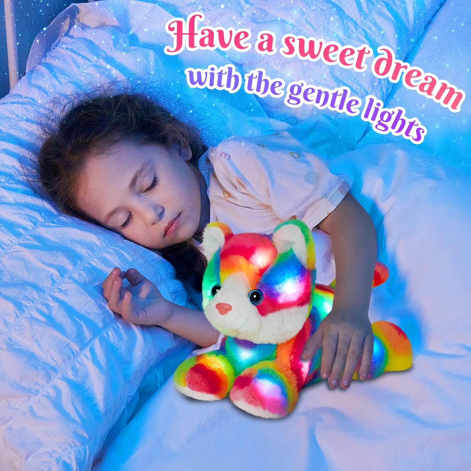 Glow Guards 13 Rainbow Cat Plush Toy with LED Night Light and Lullaby