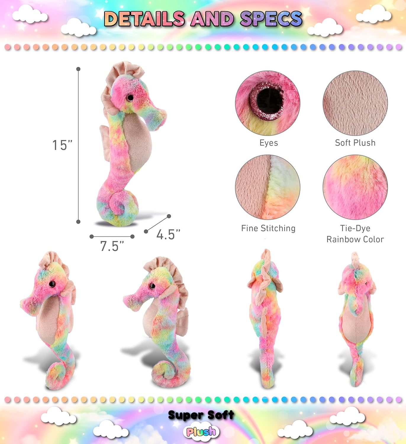 DolliBu Rainbow Seahorse Plush 15 Inches