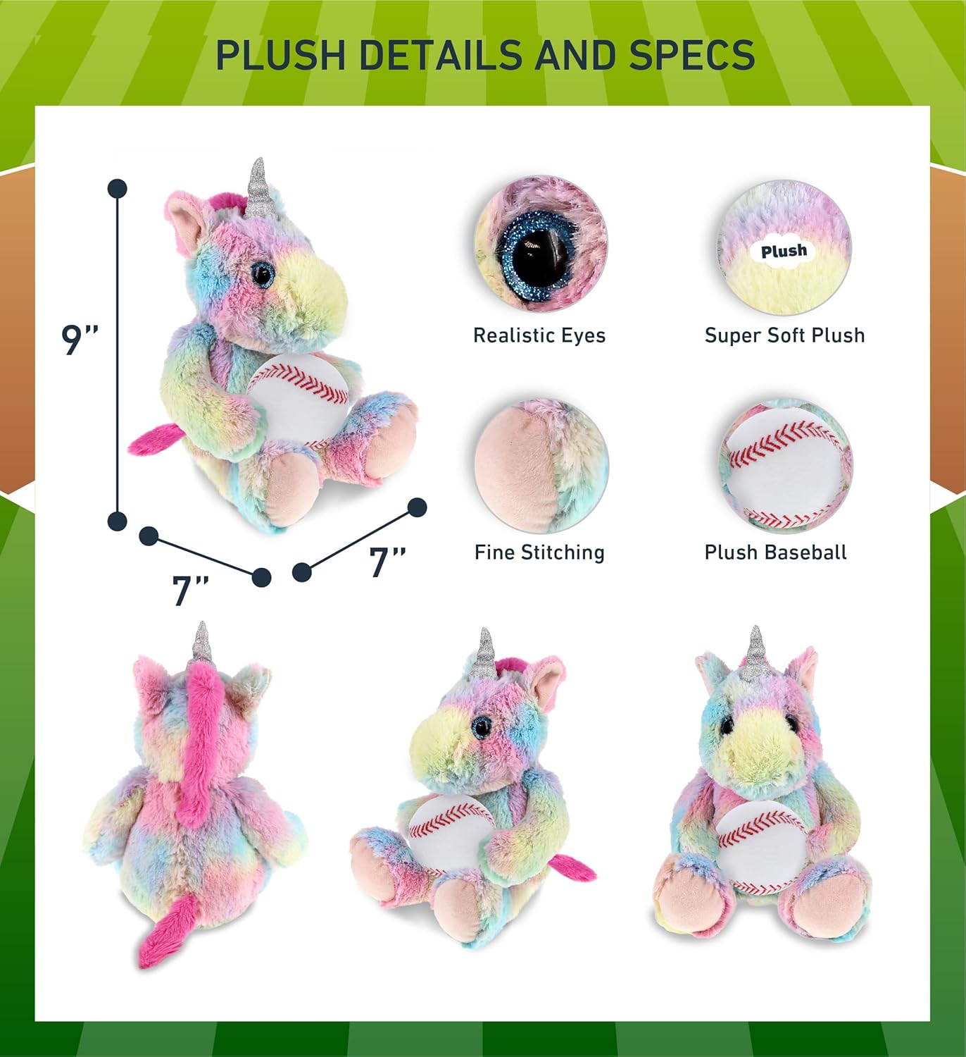 DolliBu Rainbow Unicorn Plush with Baseball - 10 Inches
