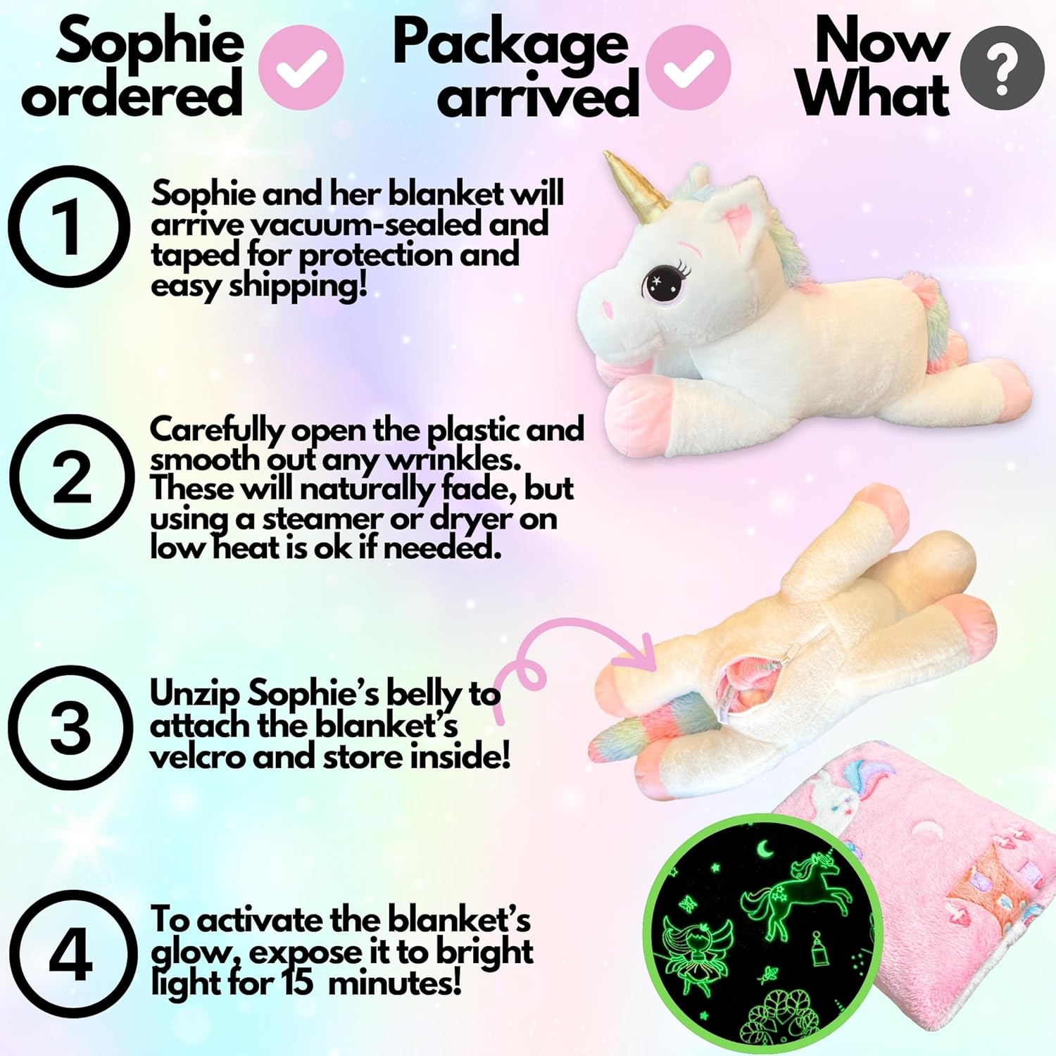 Unicorn Stuffed Animal with Glow-in-the-Dark Blanket Inside