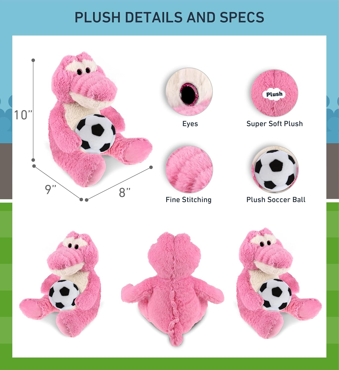 DolliBu Sitting Pink Alligator Plush with Soccer Ball