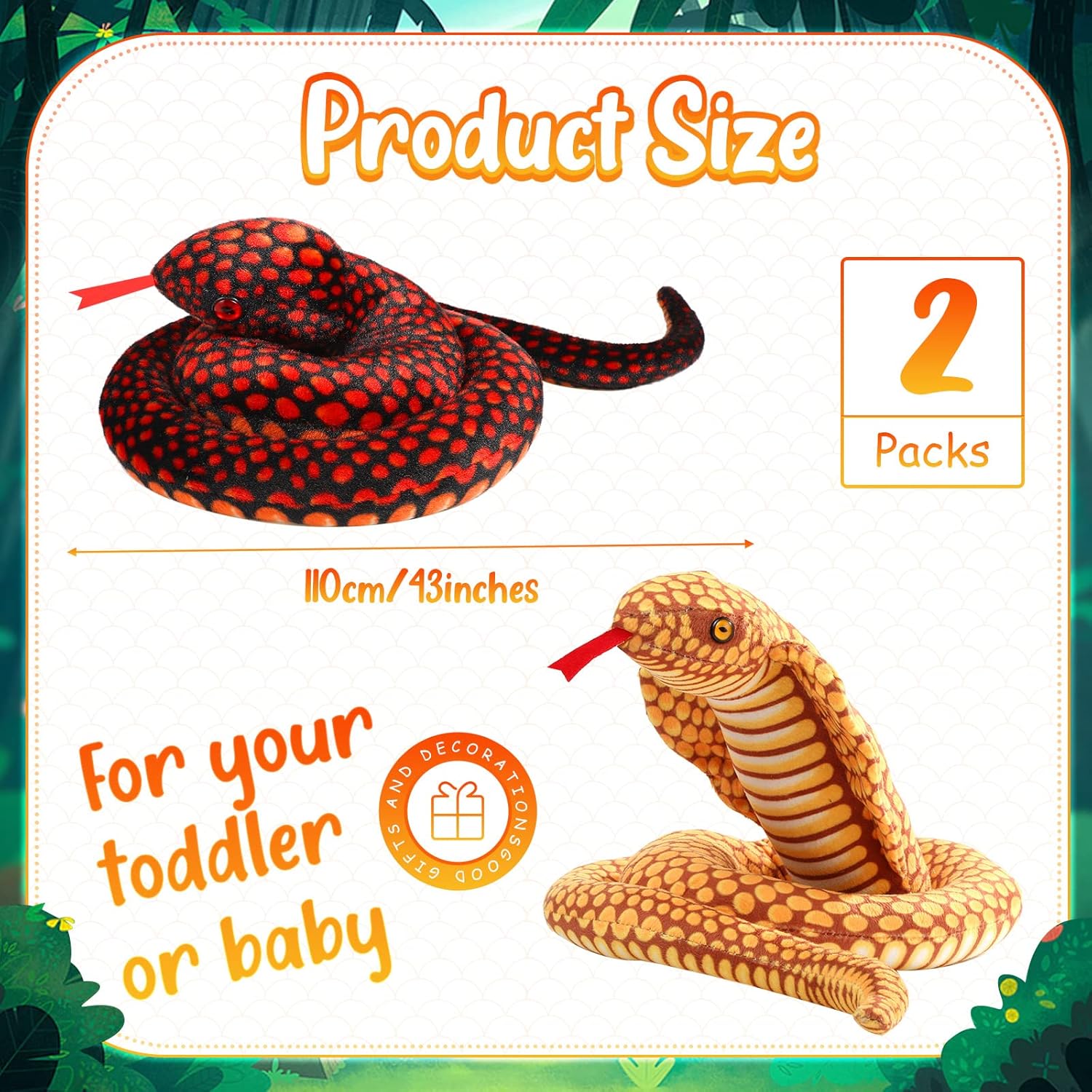 Zhanmai 2 Pcs Giant Lifelike Cobra Plush Snake Toys