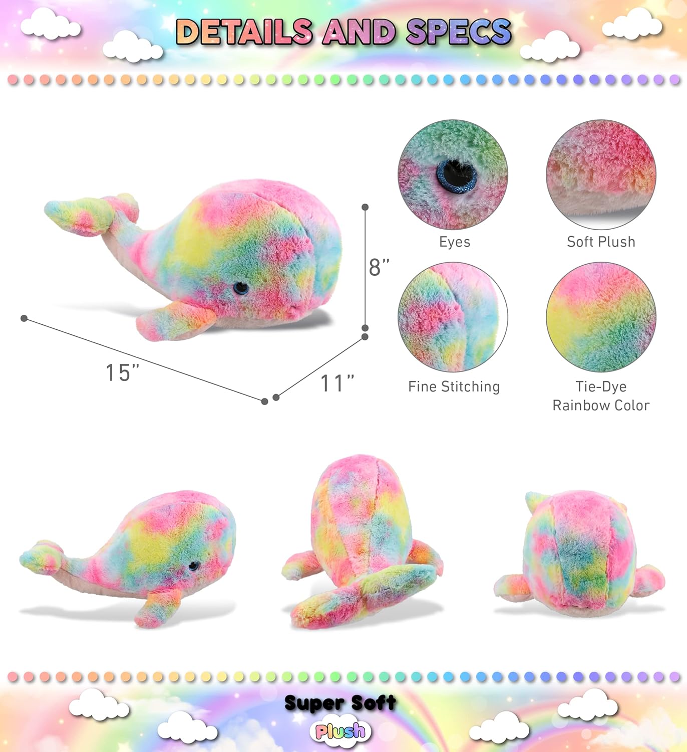 DolliBu Rainbow Whale XL Plush Stuffed Toy