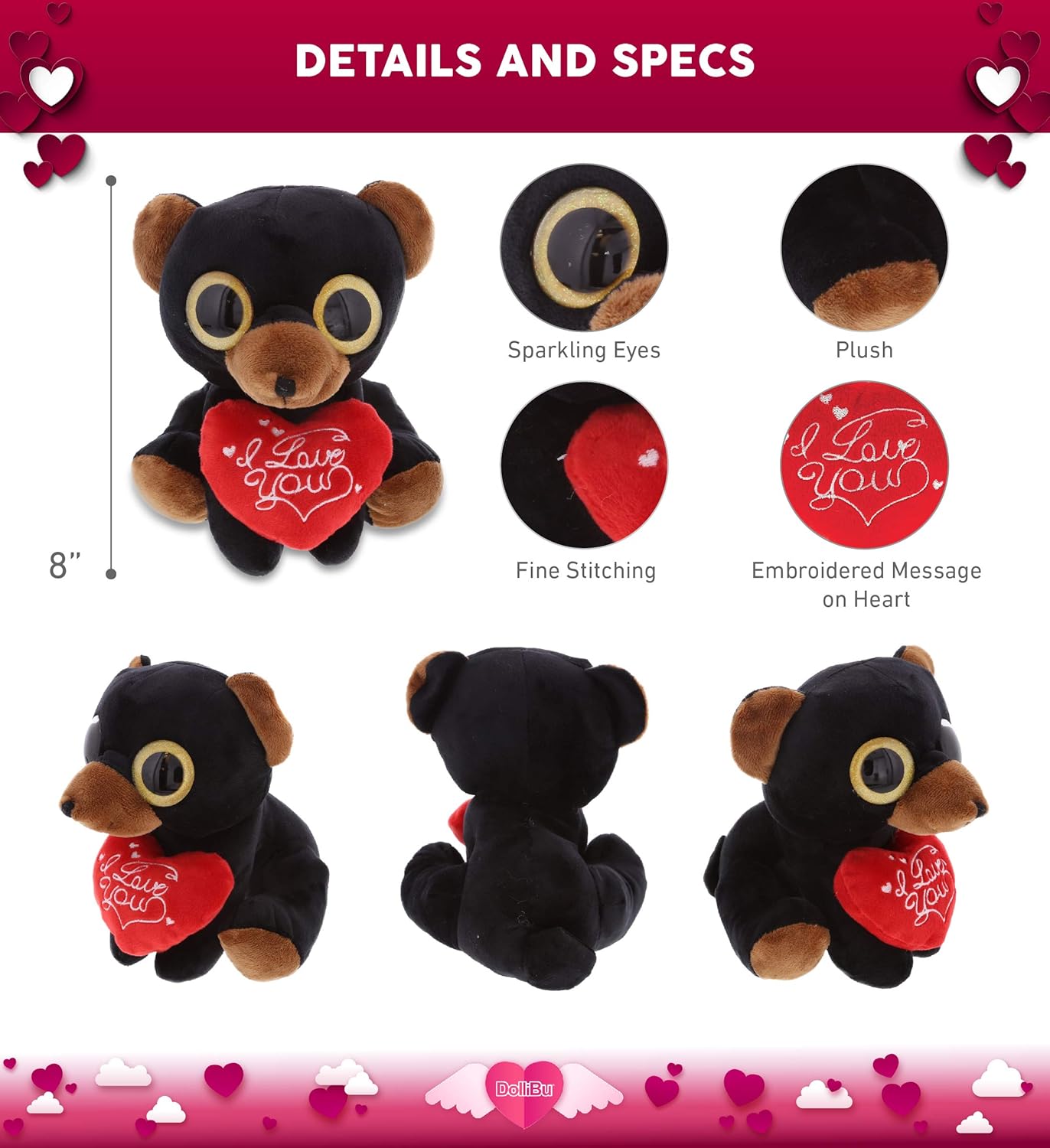 DolliBu Sparkling Big Eye Black Bear Plush with Red Heart and Personalization