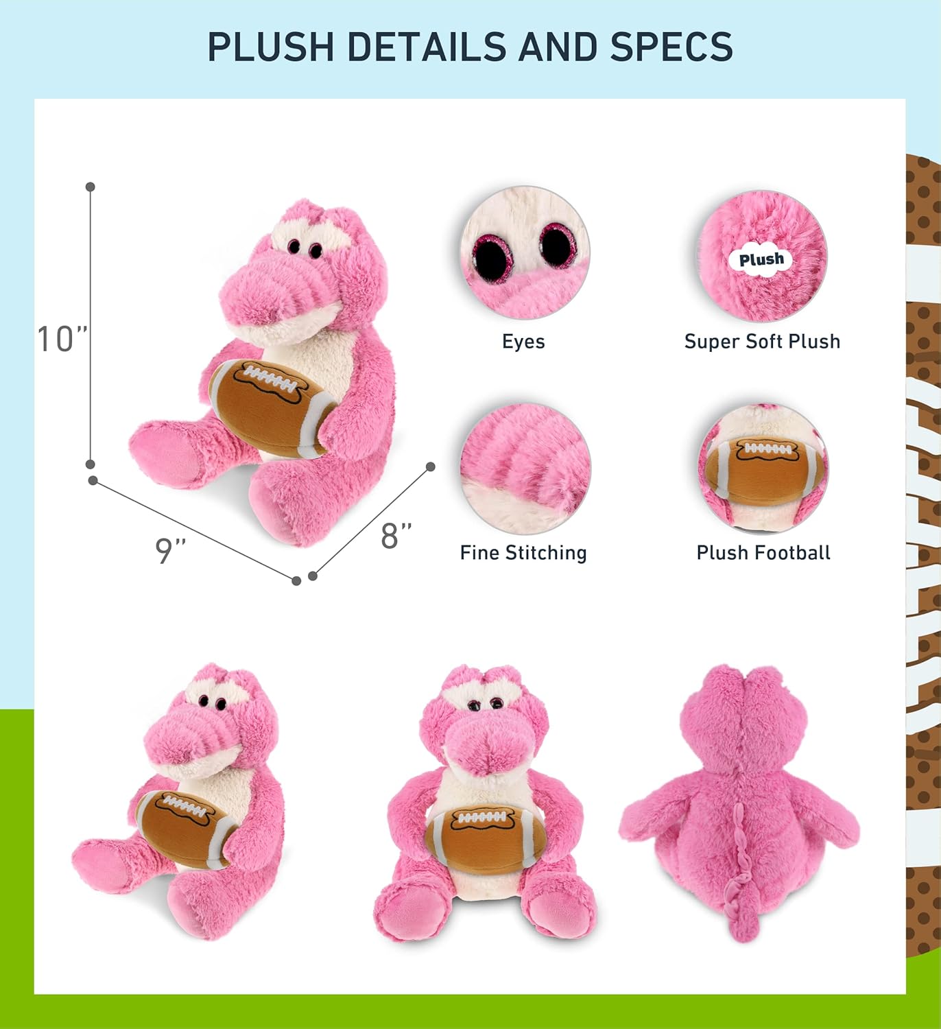 DolliBu Sitting Pink Alligator Plush with Football