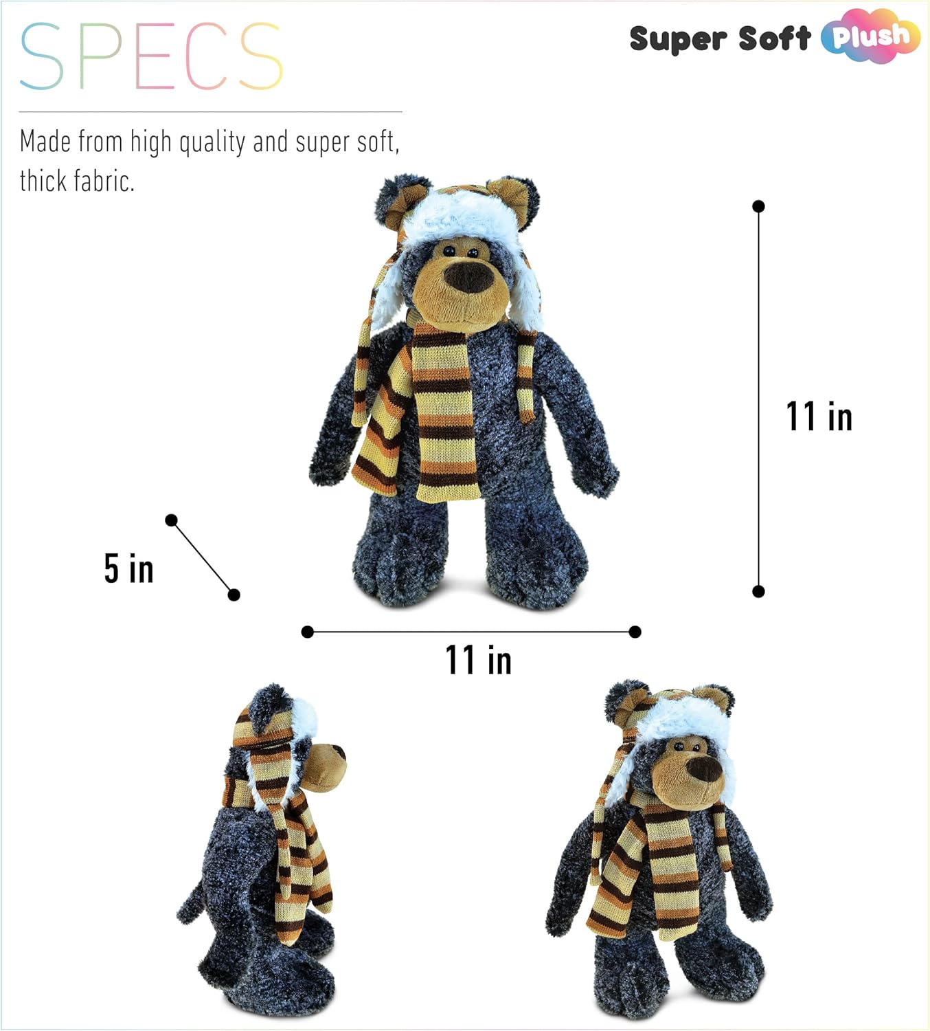 DolliBu Plush Black Bear Stuffed Animal - Standing Bear with Hat Scarf 11 Inches