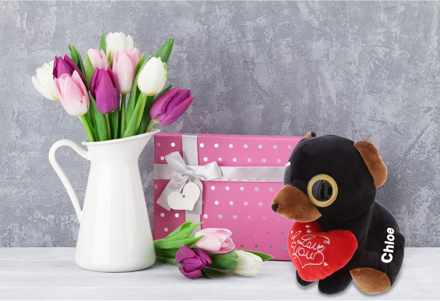 DolliBu Sparkling Big Eye Black Bear Plush with Red Heart and Personalization