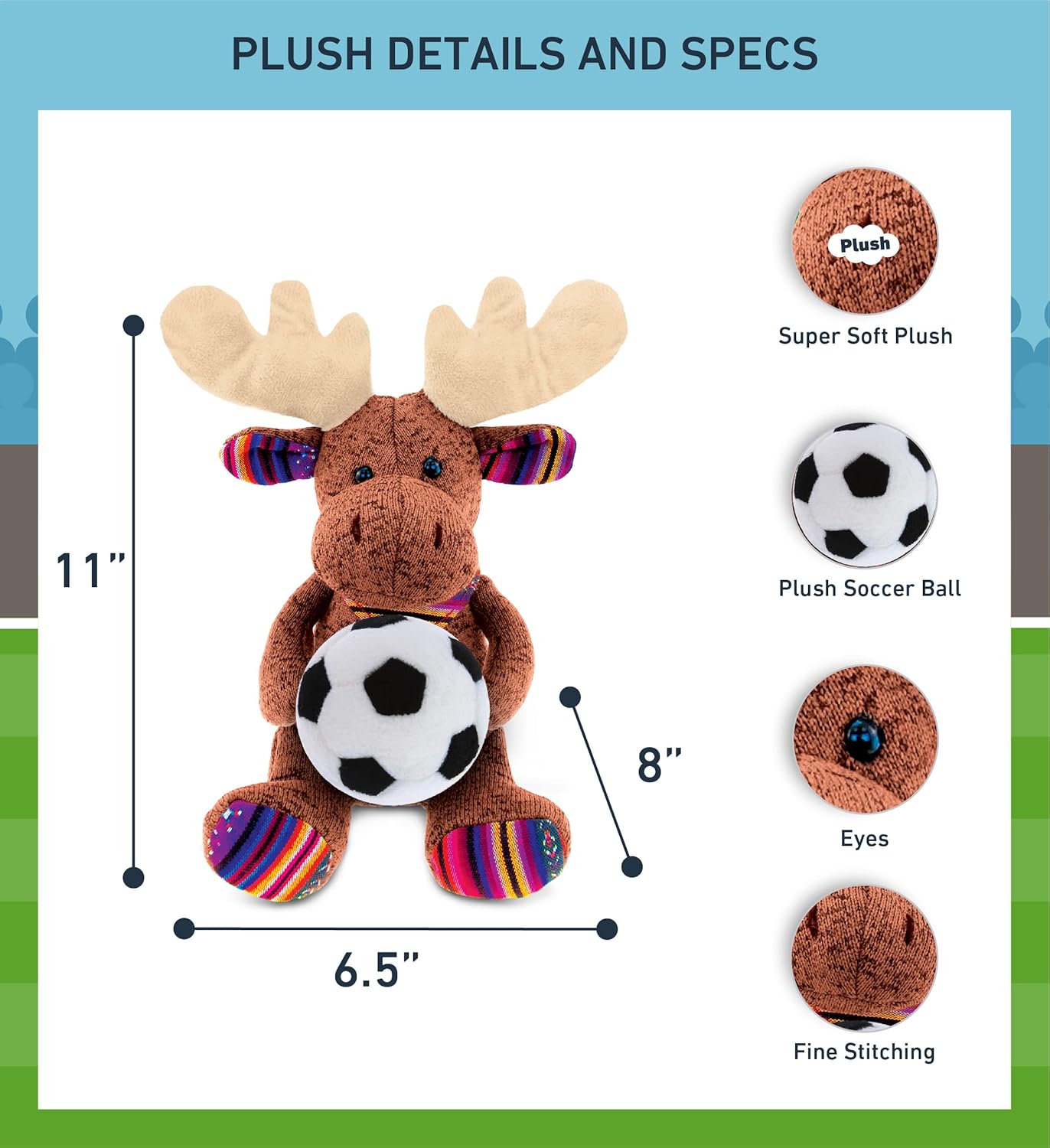 DolliBu Brown Moose Plush with Soccer Ball - 11 Inches