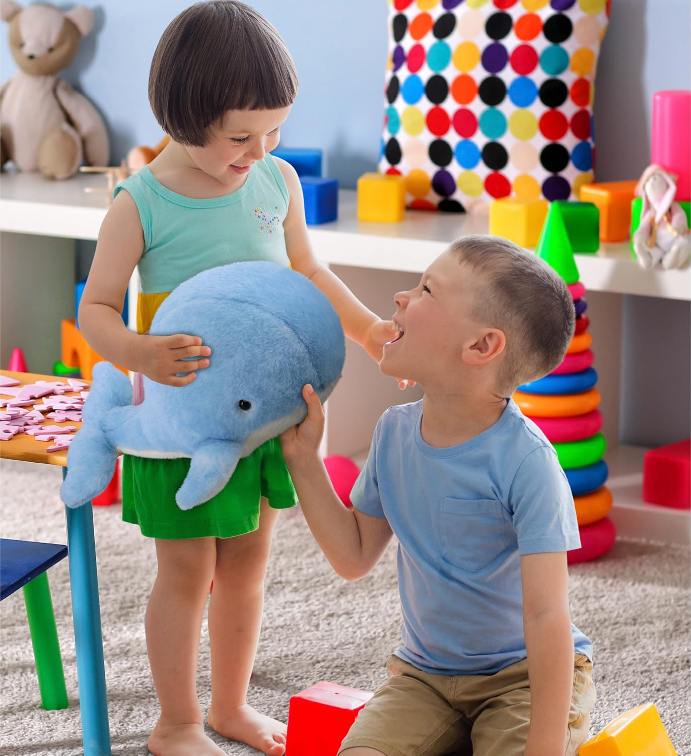 DolliBu Soft Blue Whale Plush Toy - 13 Inches Huggable Stuffed Animal