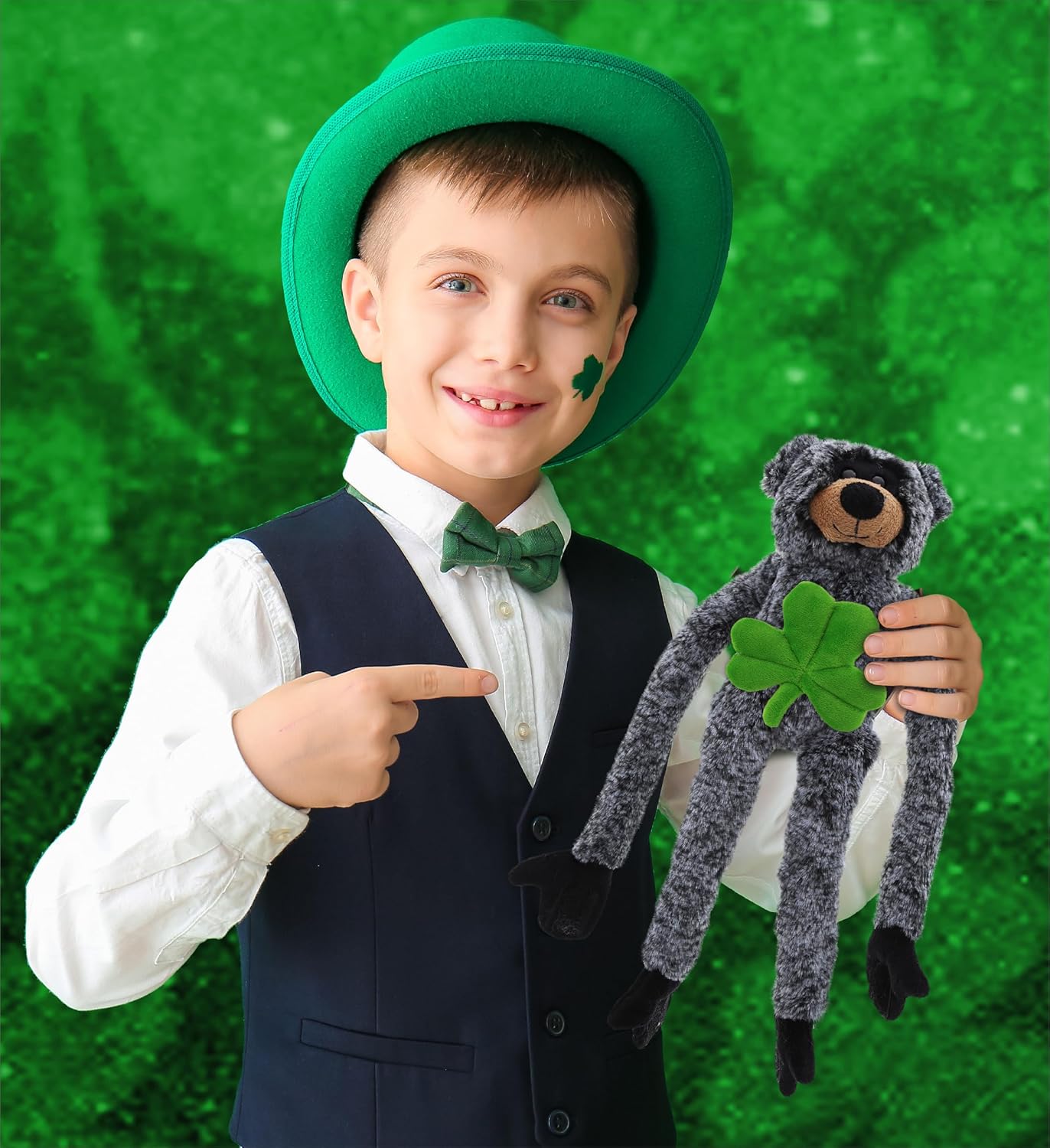 DolliBu Soft Long-Arms Black Bear with Green Shamrock