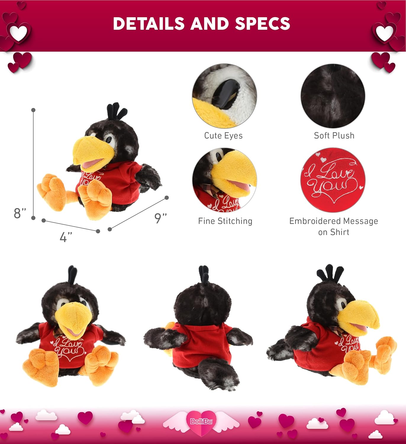 DolliBu I Love You Valentine Plush Sitting Crow - 95 Inches
