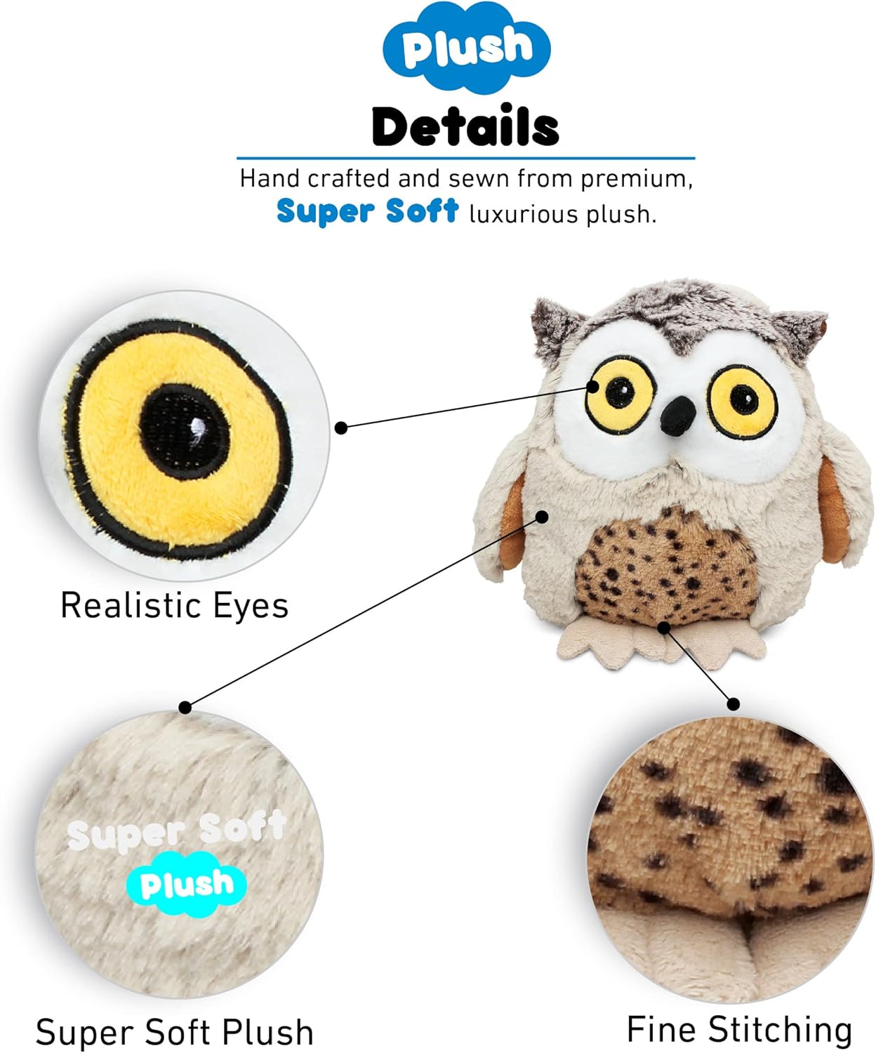DolliBu Plush Owl Stuffed Animal - 8 Inch Huggable Brown Owl Toy