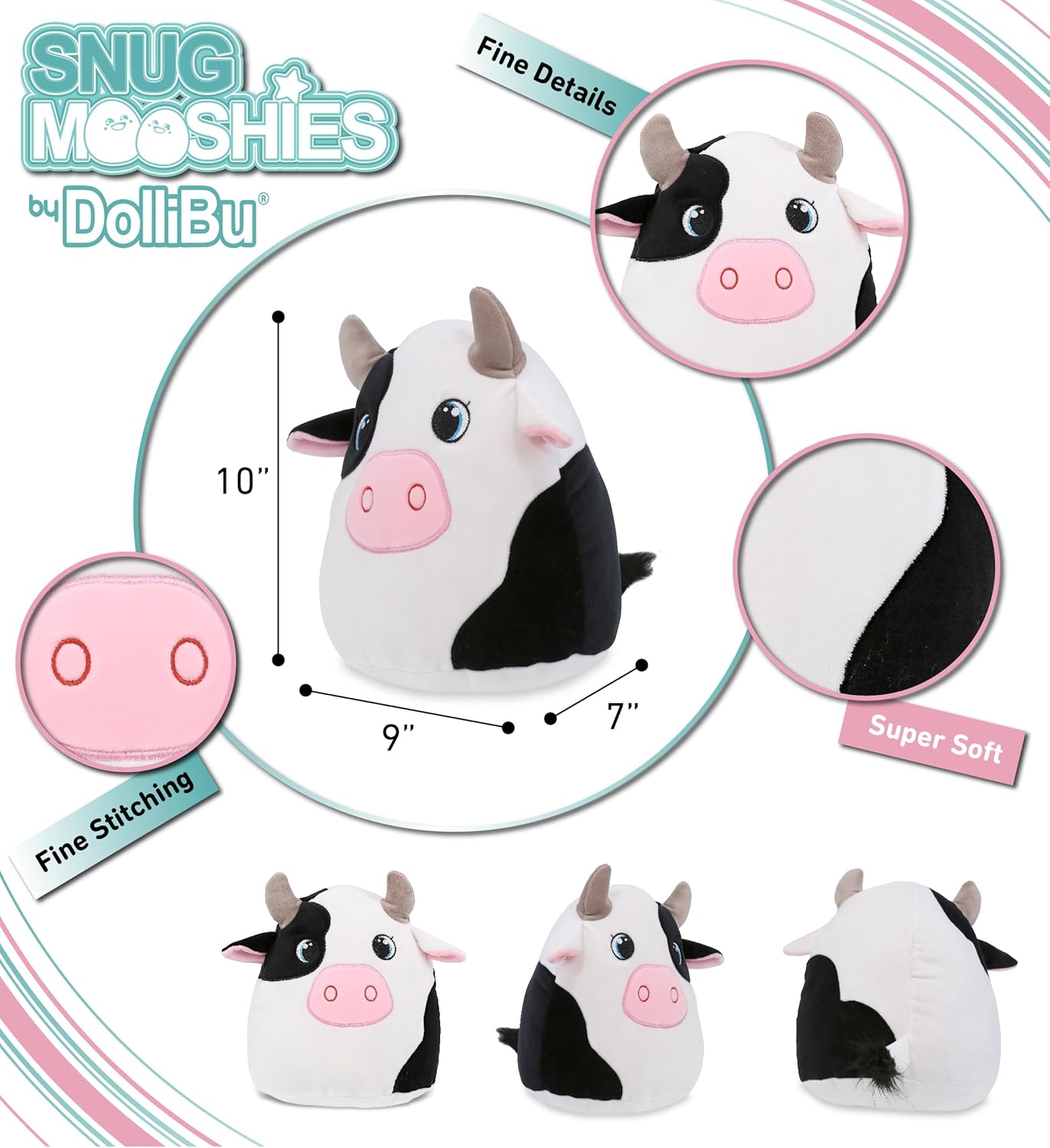 DolliBu Snug-Mooshies Cow Plush - 10 Inch Cuddly Toy